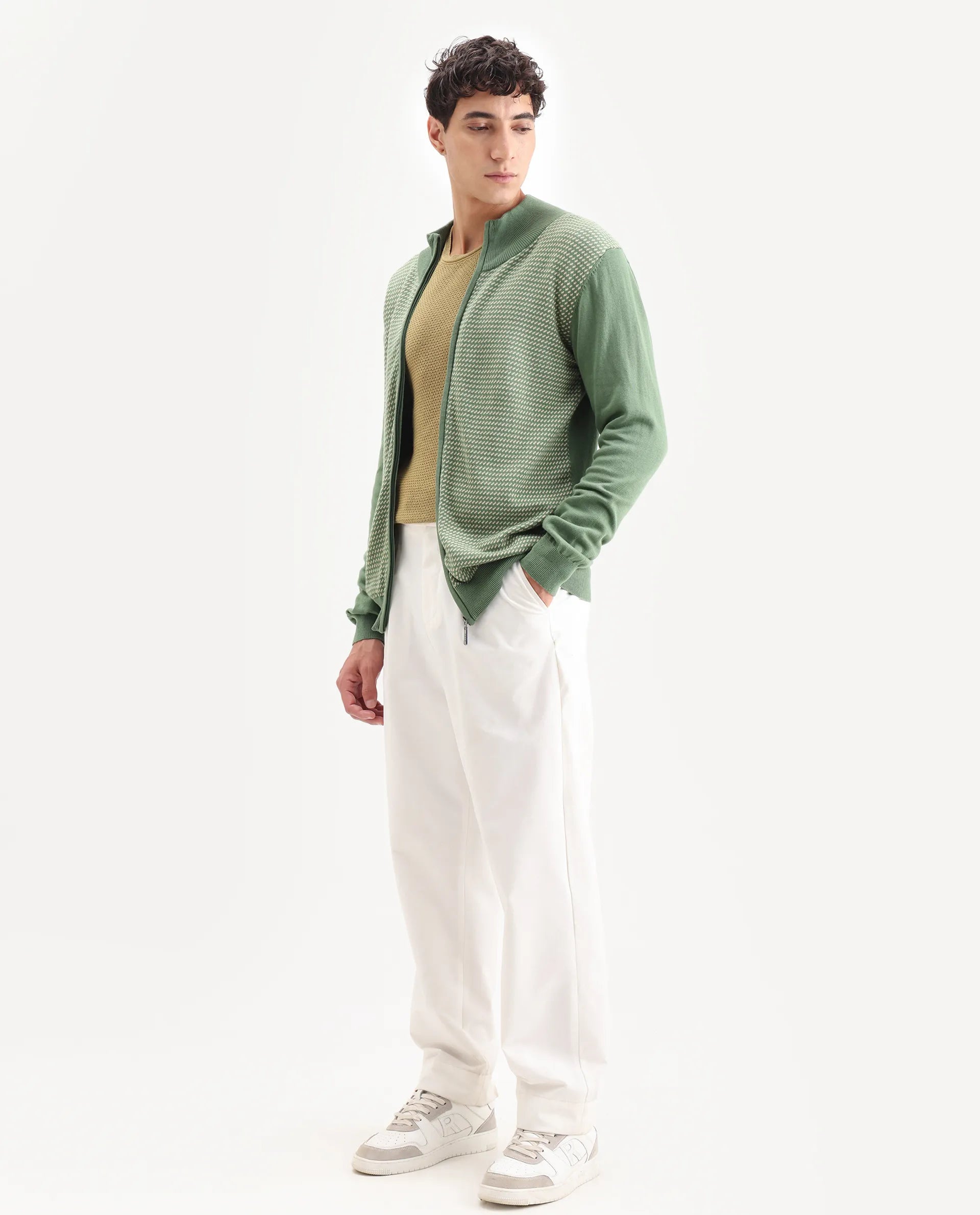 Rare Rabbit Men's Heritage Green Cotton Jacquard Regular Fit Full Sleeve High Neck Sweater