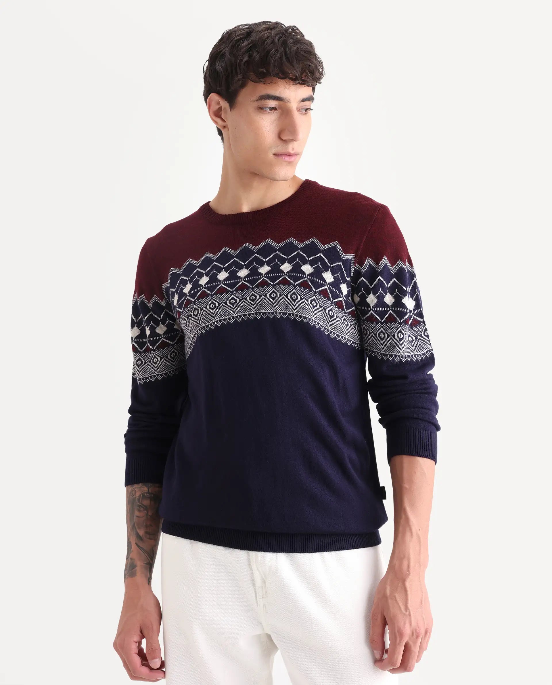Rare Rabbit Men's Puzzle Blue Acrylic Abstract Print Relaxed Fit Full Sleeve Crew Neck Sweater