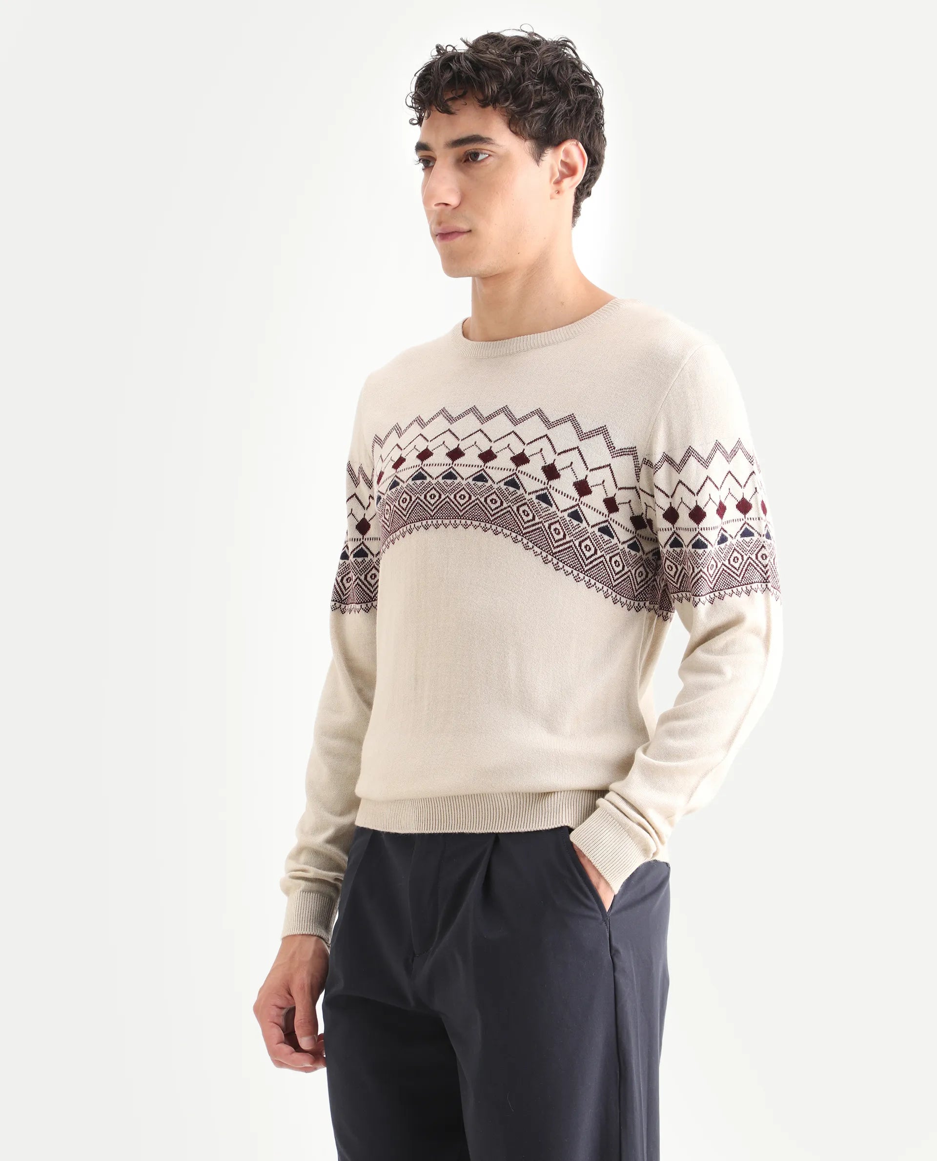 Rare Rabbit Men's Puzzle Off White Acrylic Abstract Print Relaxed Fit Full Sleeve Crew Neck Sweater