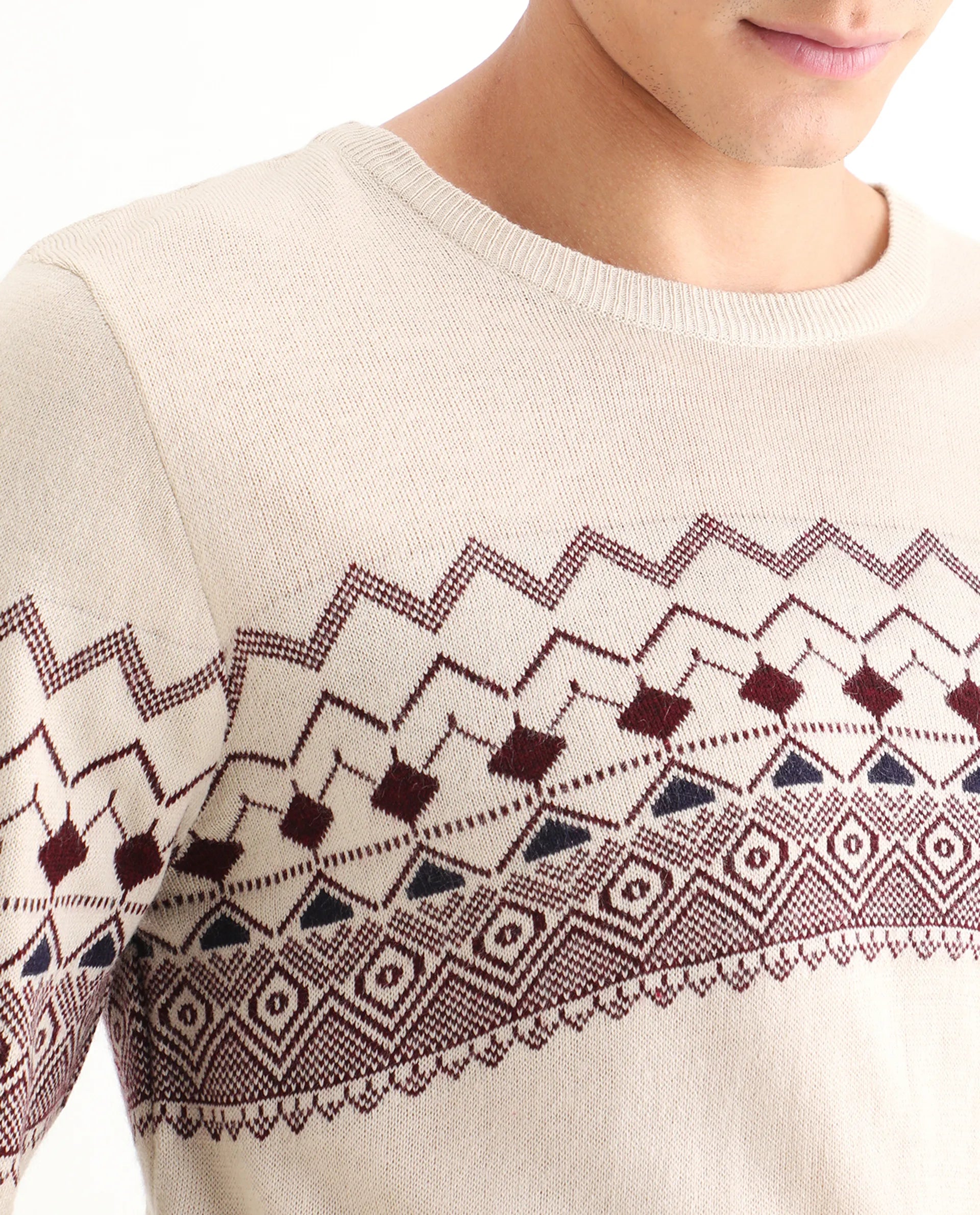 Rare Rabbit Men's Puzzle Off White Acrylic Abstract Print Relaxed Fit Full Sleeve Crew Neck Sweater