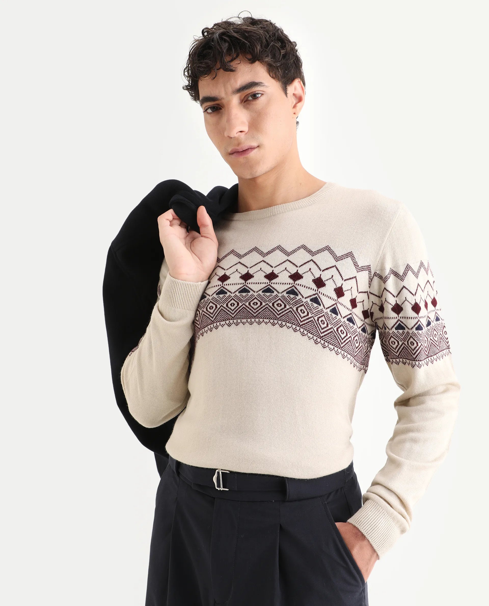 Rare Rabbit Men's Puzzle Off White Acrylic Abstract Print Relaxed Fit Full Sleeve Crew Neck Sweater