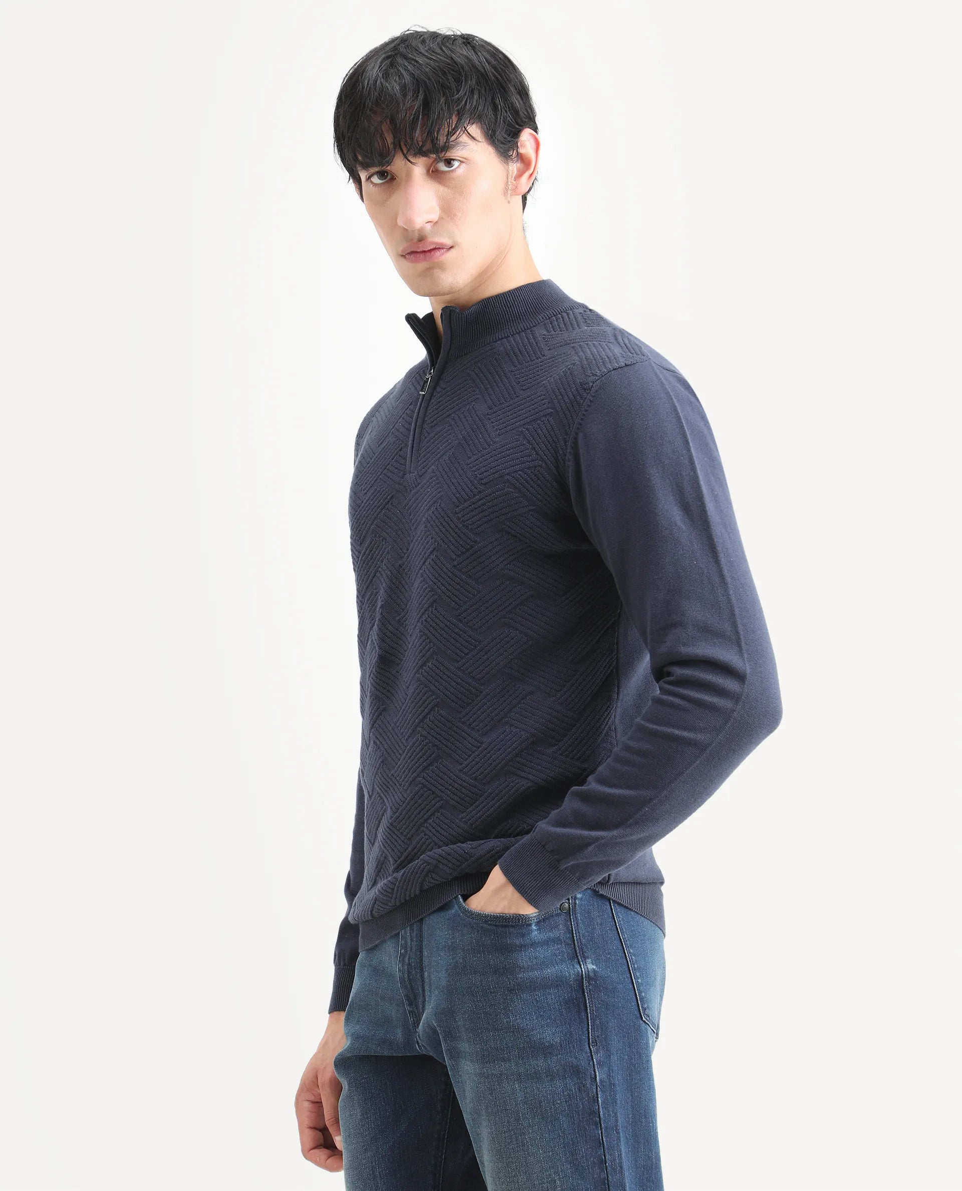 Rare Rabbit Men's Troyo Blue Cotton Textured Relaxed Fit Full Sleeve High Neck Sweater