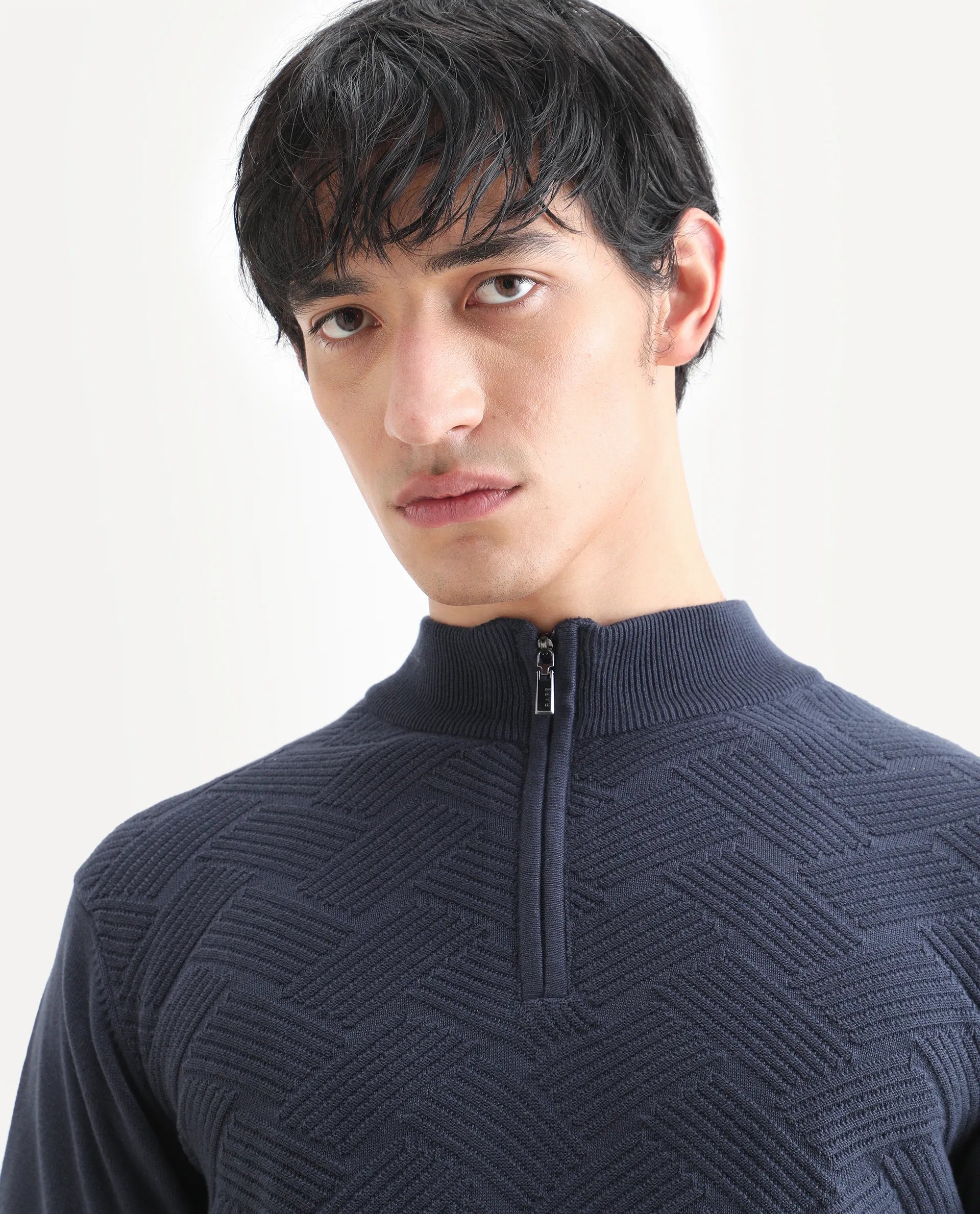 Rare Rabbit Men's Troyo Blue Cotton Textured Relaxed Fit Full Sleeve High Neck Sweater