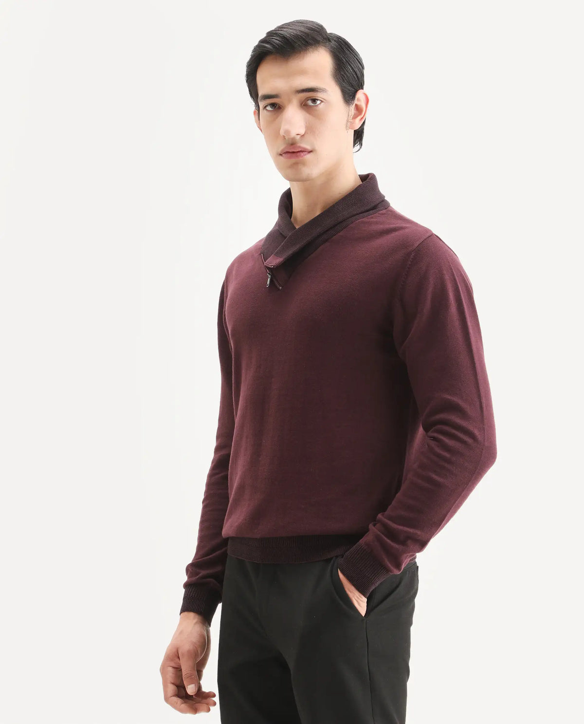 Rare Rabbit Men's Denver Brown Cotton Plain Regular Fit Full Sleeve Shawl Neck Sweater