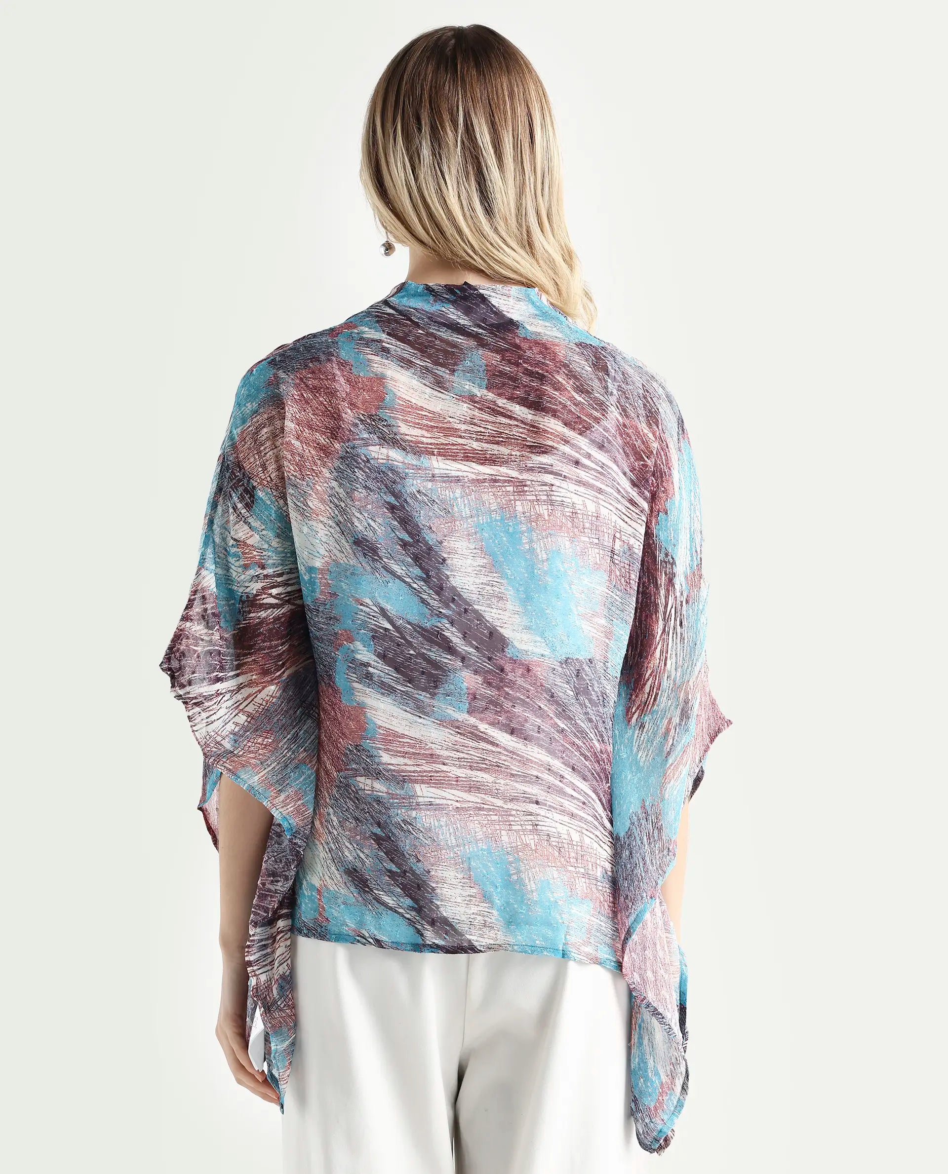 Rareism Women's Sayne Blue Polyester V-Neck Abstract Print Kimono Sleeve Regular Fit Top