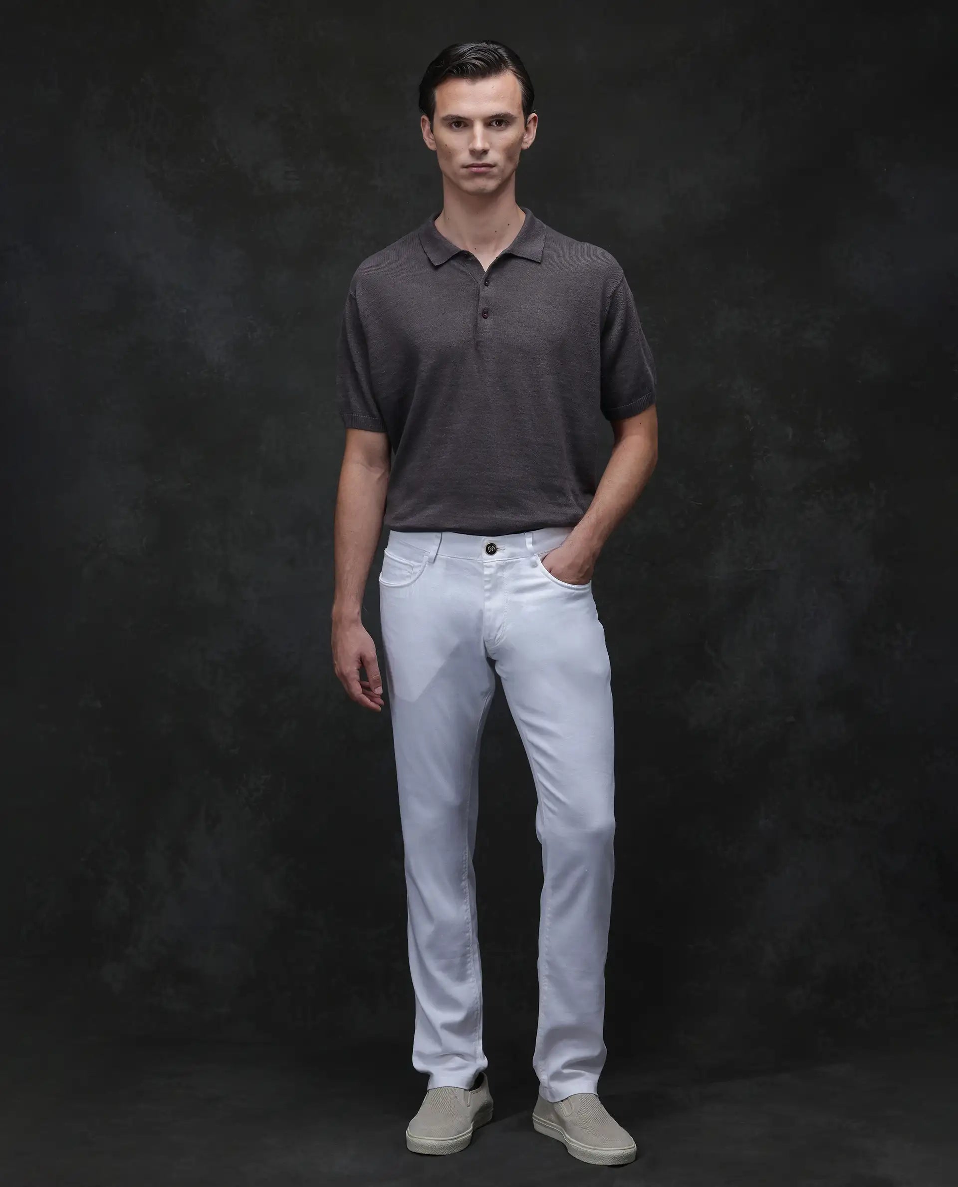 Rare Rabbit Men's Mekko Dusky Brown 100% Linen Plain Regular Fit Half Sleeve Polo