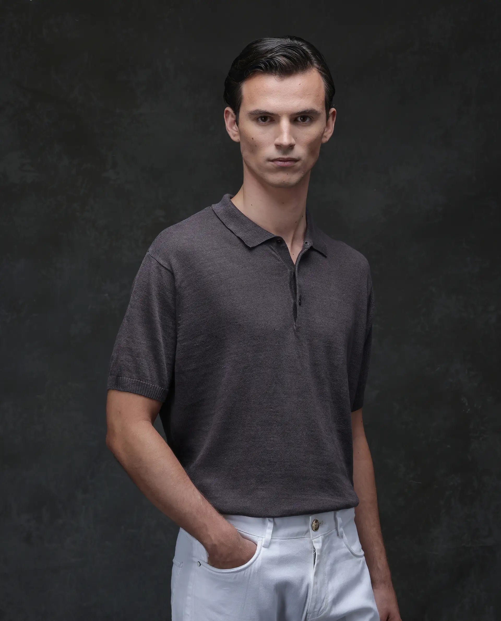 Rare Rabbit Men's Mekko Dusky Brown 100% Linen Plain Regular Fit Half Sleeve Polo