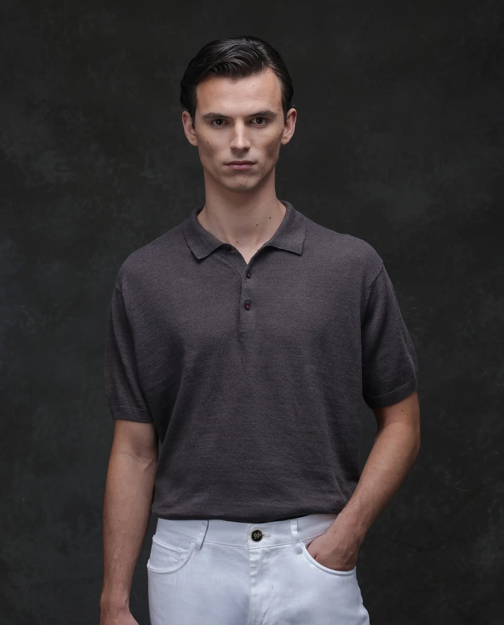 Rare Rabbit Men's Mekko Dusky Brown 100% Linen Plain Regular Fit Half Sleeve Polo