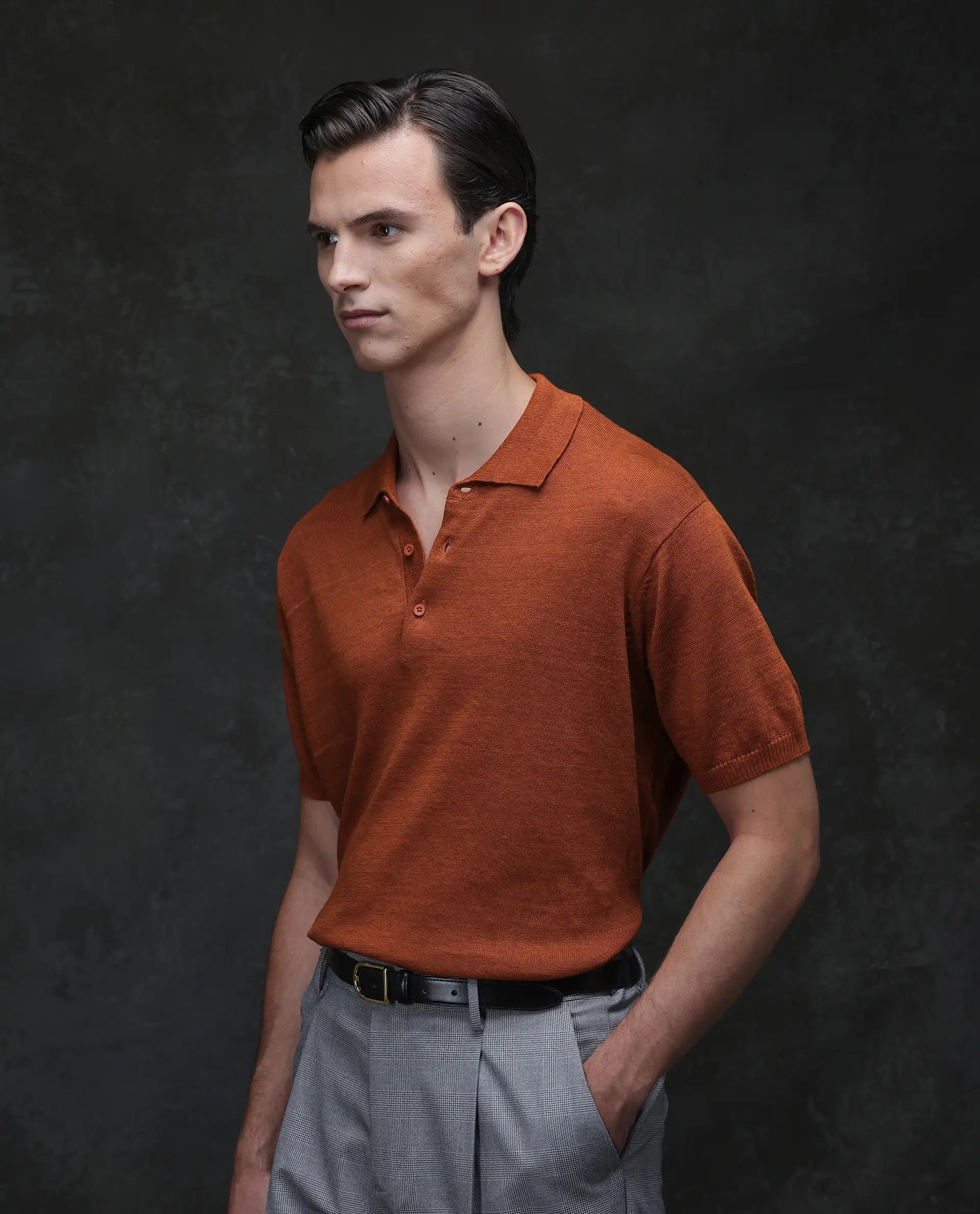 Rare Rabbit Men's Mekko Rust 100% Linen Plain Regular Fit Half Sleeve Polo