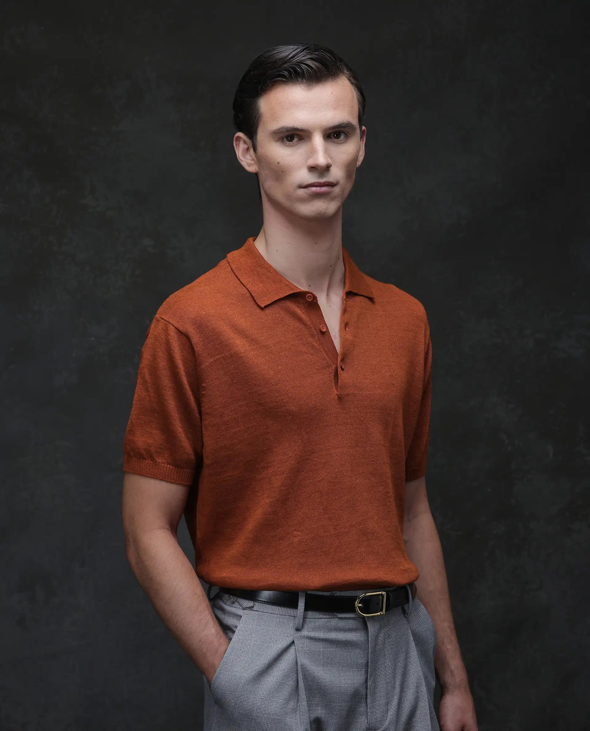 Rare Rabbit Men's Mekko Rust 100% Linen Plain Regular Fit Half Sleeve Polo