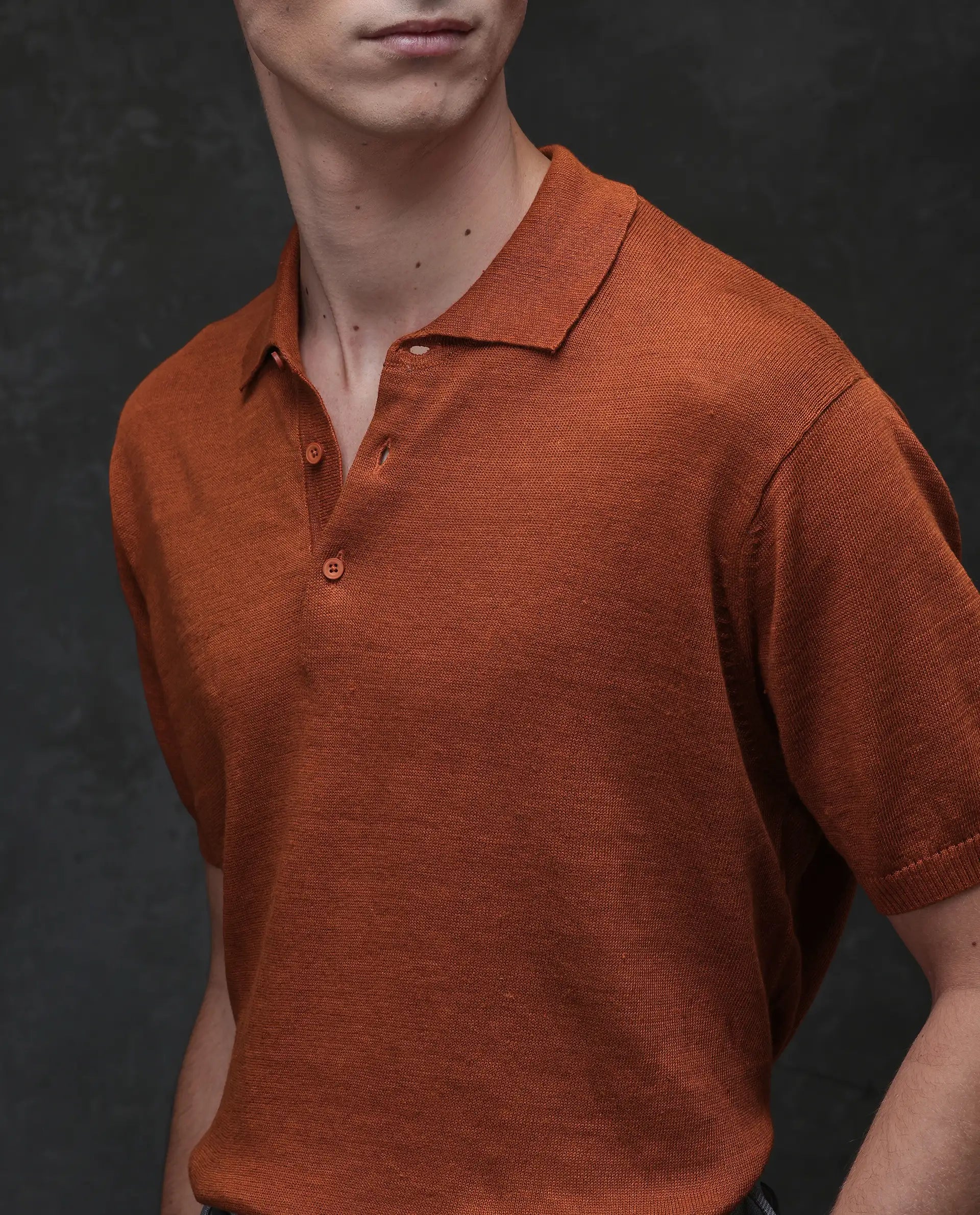 Rare Rabbit Men's Mekko Rust 100% Linen Plain Regular Fit Half Sleeve Polo