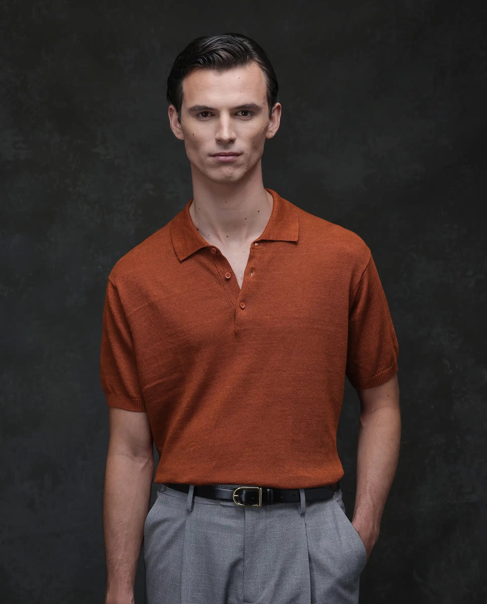Rare Rabbit Men's Mekko Rust 100% Linen Plain Regular Fit Half Sleeve Polo