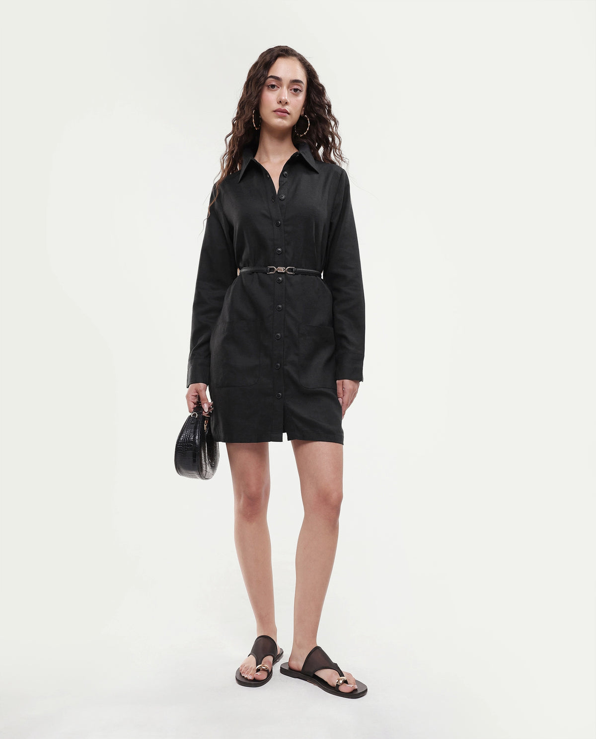 Rareism Women's Pricot Black Polyester Spread Collar Plain Cuffed Sleeve Mini Regular Fit Dress