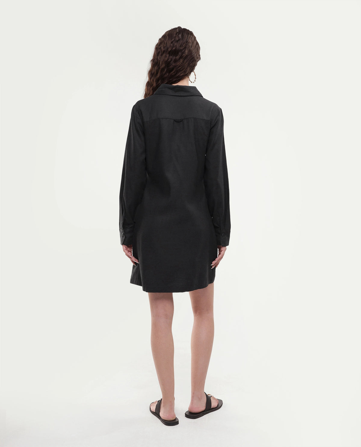 Rareism Women's Pricot Black Polyester Spread Collar Plain Cuffed Sleeve Mini Regular Fit Dress