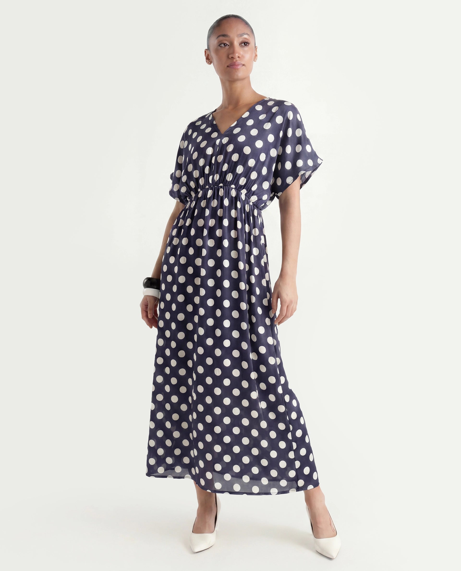 Rareism Women's Wicked Blue Modal Blend V-Neck Polka Print Extended Sleeves Maxi Regular Fit Dress