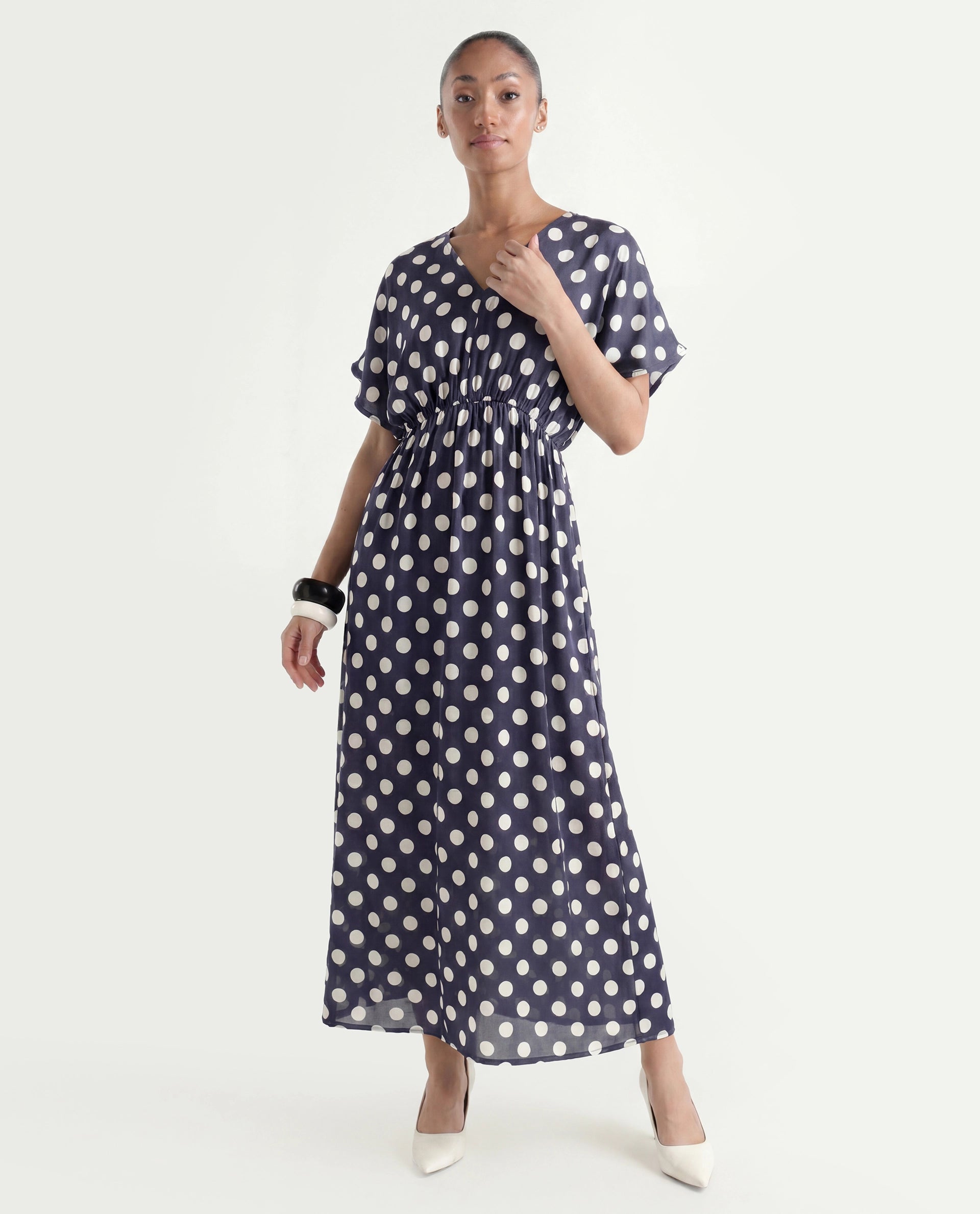 Rareism Women's Wicked Blue Modal Blend V-Neck Polka Print Extended Sleeves Maxi Regular Fit Dress