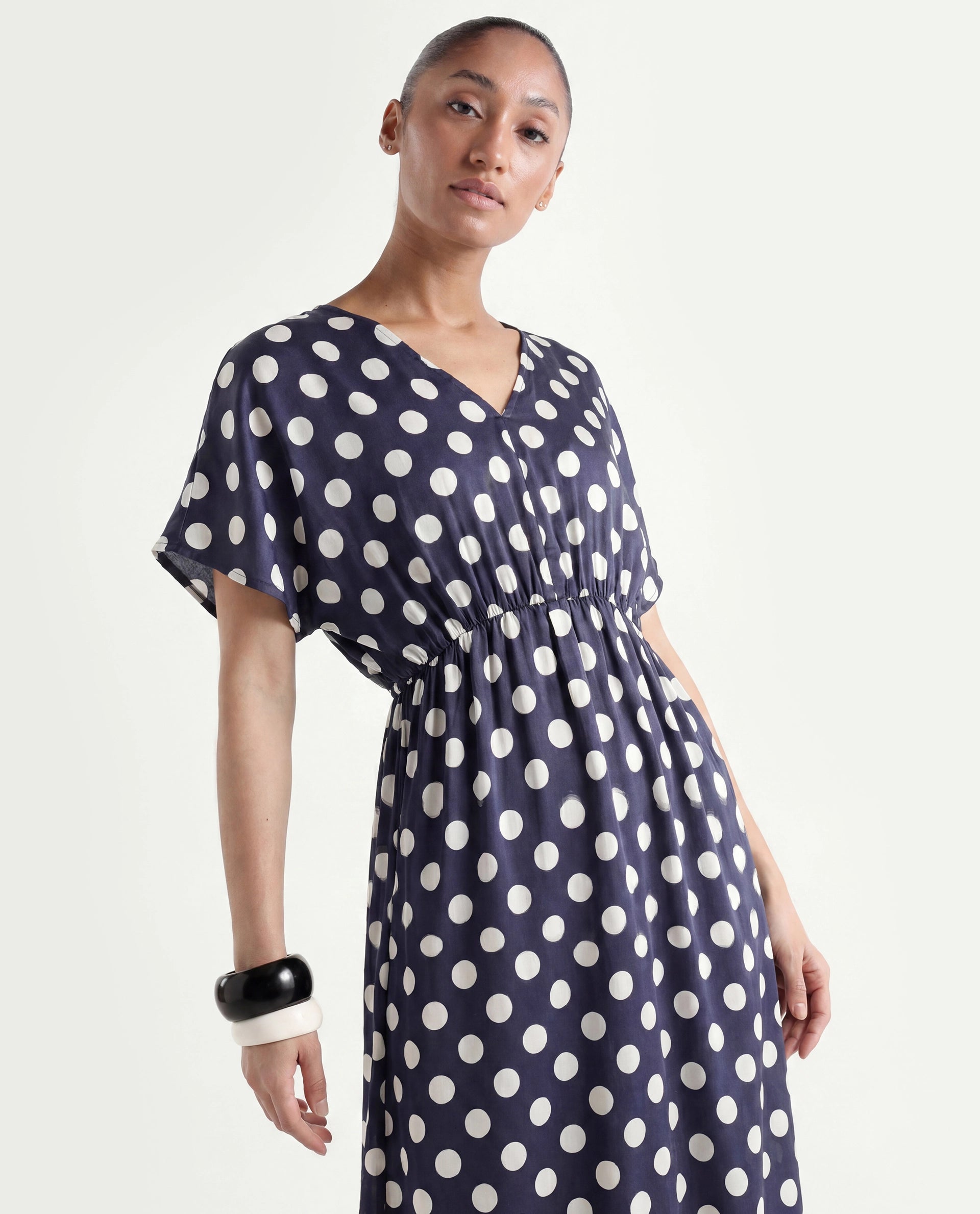Rareism Women's Wicked Blue Modal Blend V-Neck Polka Print Extended Sleeves Maxi Regular Fit Dress