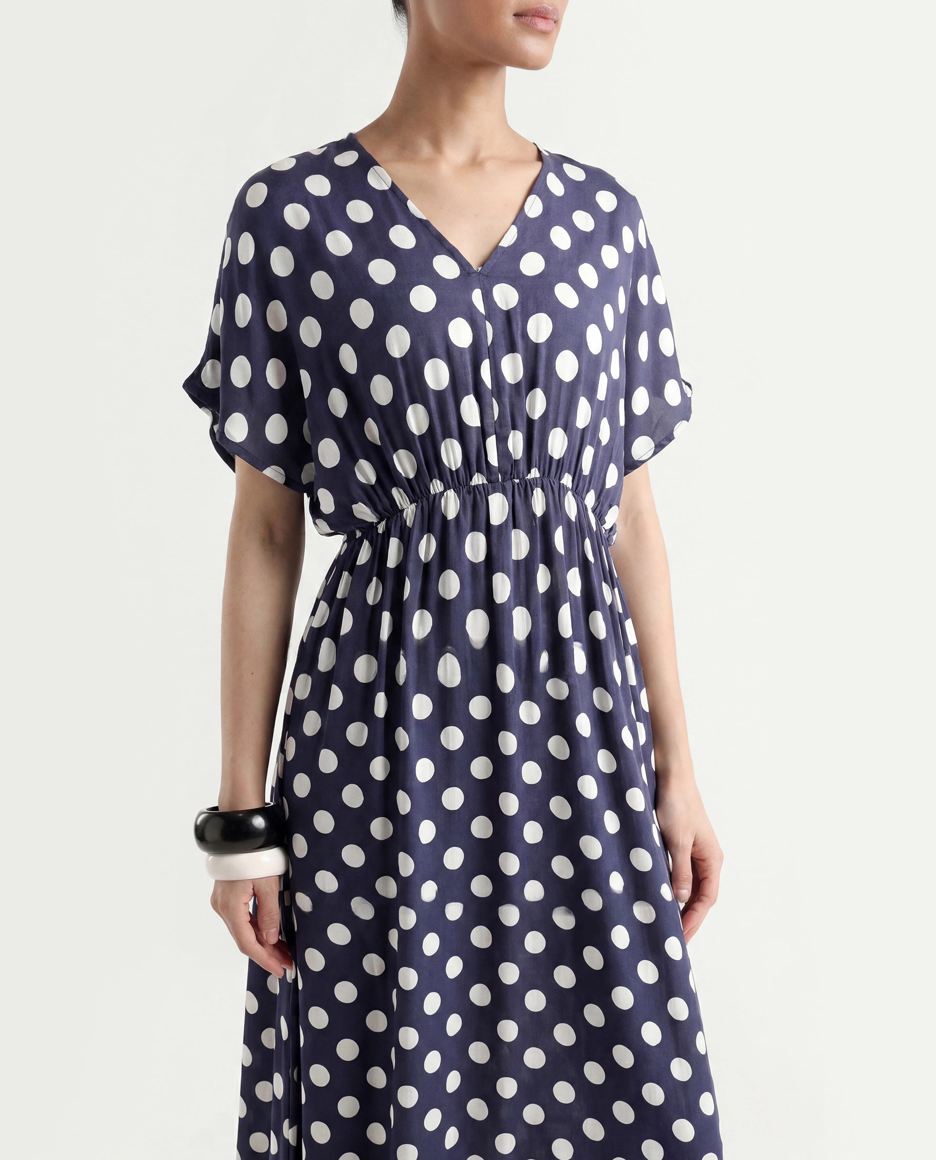 Rareism Women's Wicked Blue Modal Blend V-Neck Polka Print Extended Sleeves Maxi Regular Fit Dress