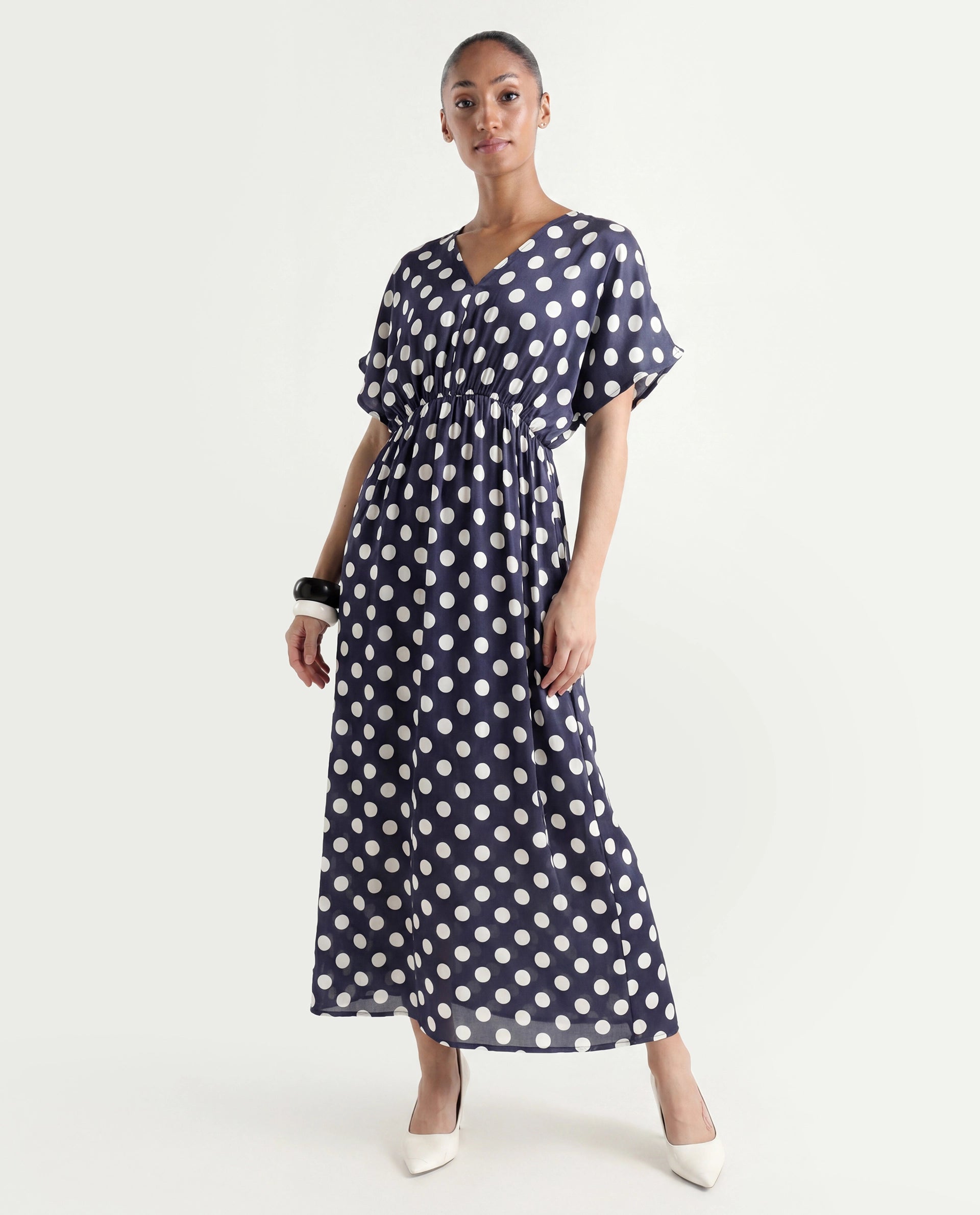 Rareism Women's Wicked Blue Modal Blend V-Neck Polka Print Extended Sleeves Maxi Regular Fit Dress