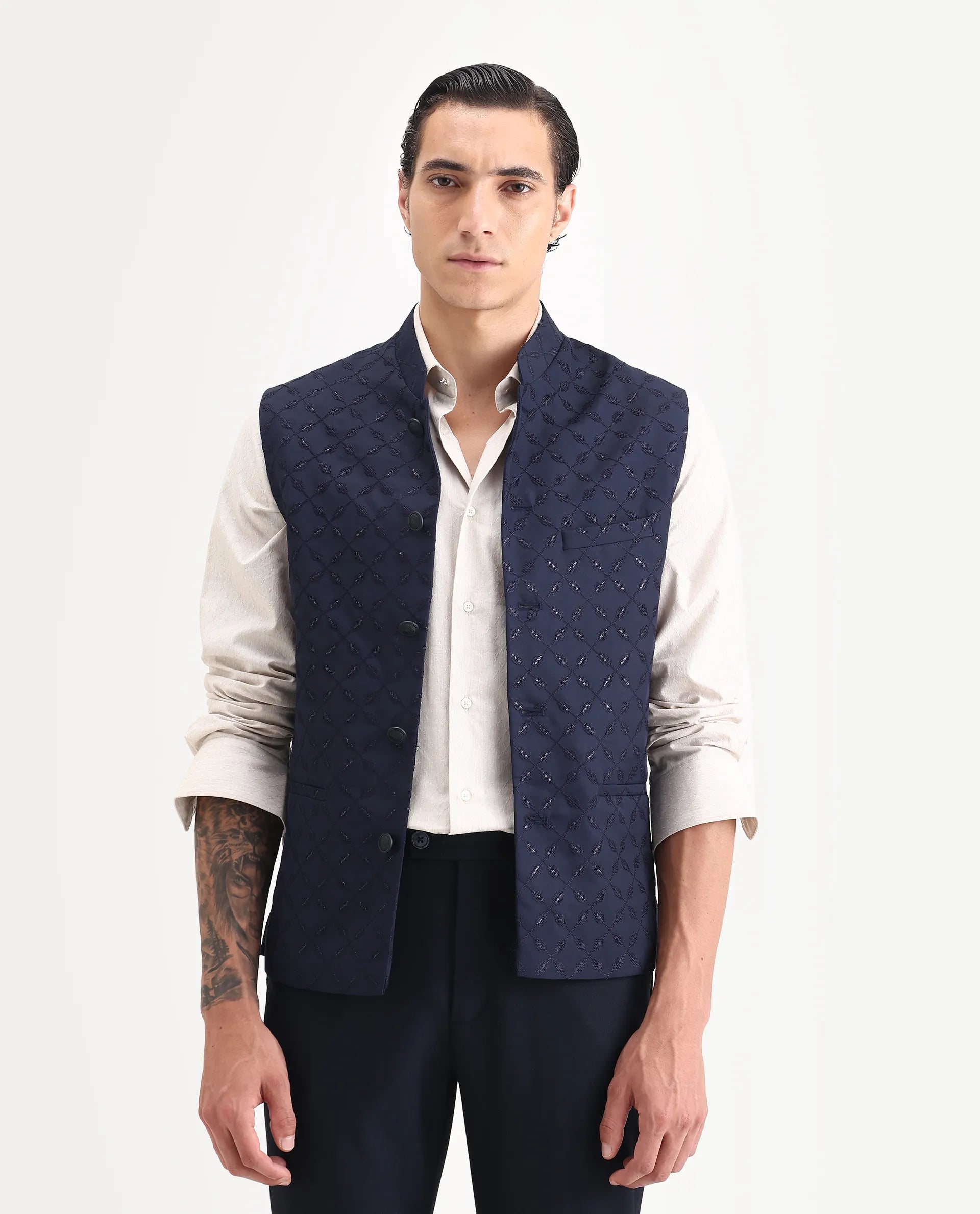 Rare Rabbit Men's Medob Dark Navy Viscose Embroidered Tailored Fit Sleeveless Mandarin Collar Bandhgala