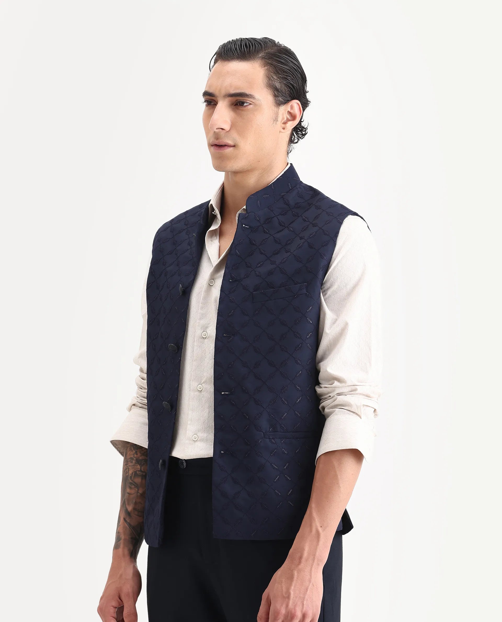 Rare Rabbit Men's Medob Dark Navy Viscose Embroidered Tailored Fit Sleeveless Mandarin Collar Bandhgala
