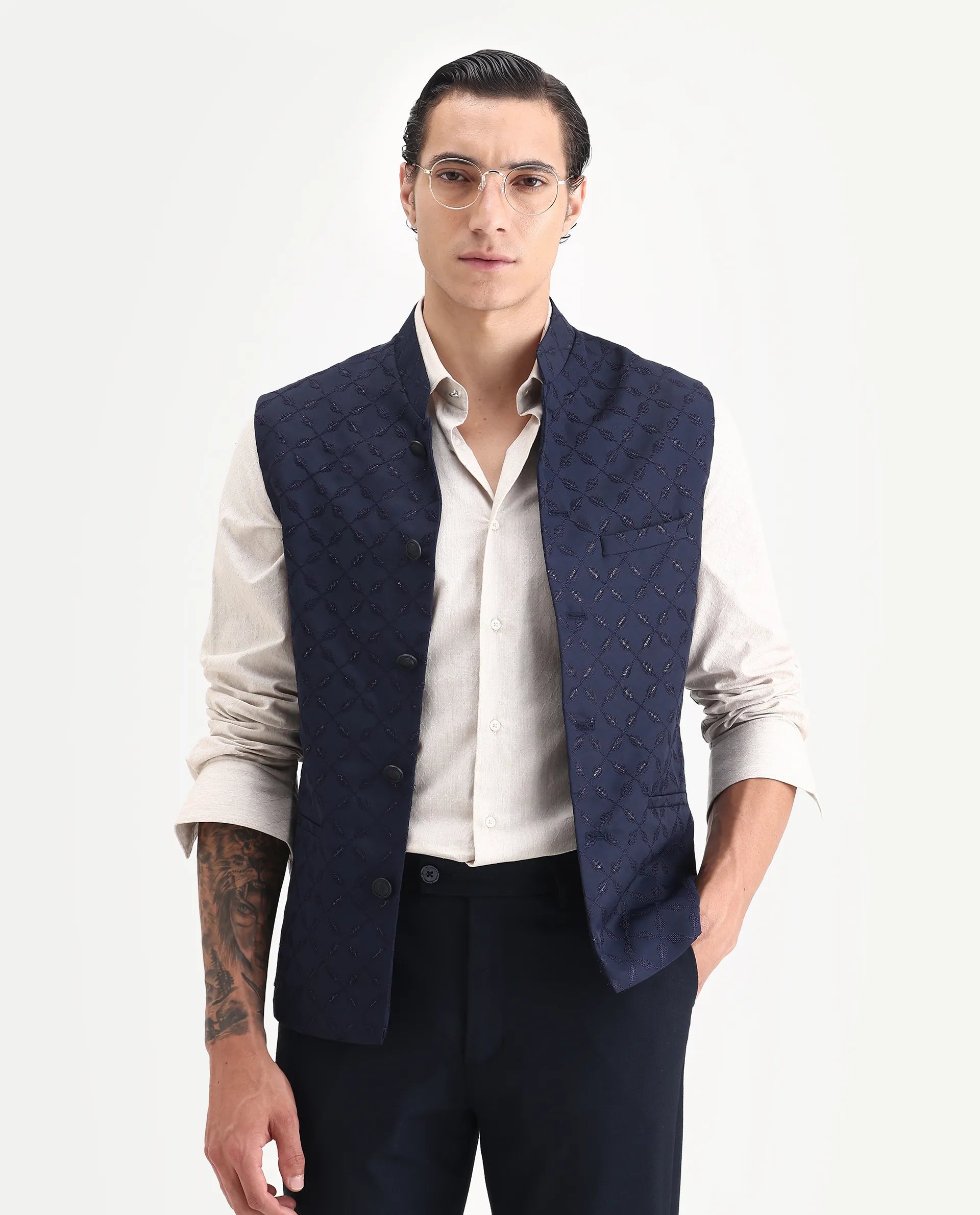 Rare Rabbit Men's Medob Dark Navy Viscose Embroidered Tailored Fit Sleeveless Mandarin Collar Bandhgala