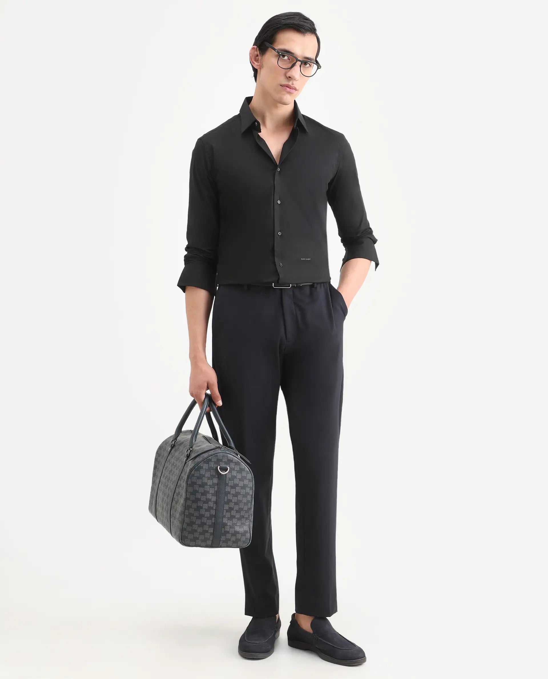 Rare Rabbit Men's Neutron8 Black Cotton Plain Regular Fit Full Sleeve Collared Shirt