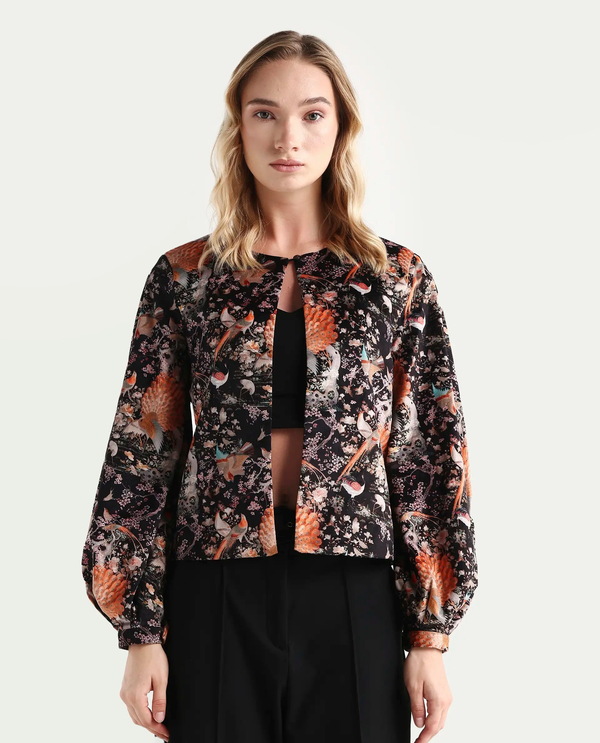 Rareism Women's Zamp Black Polyester Blend Collarless Floral Print Volume Sleeve Regular Fit Shrug