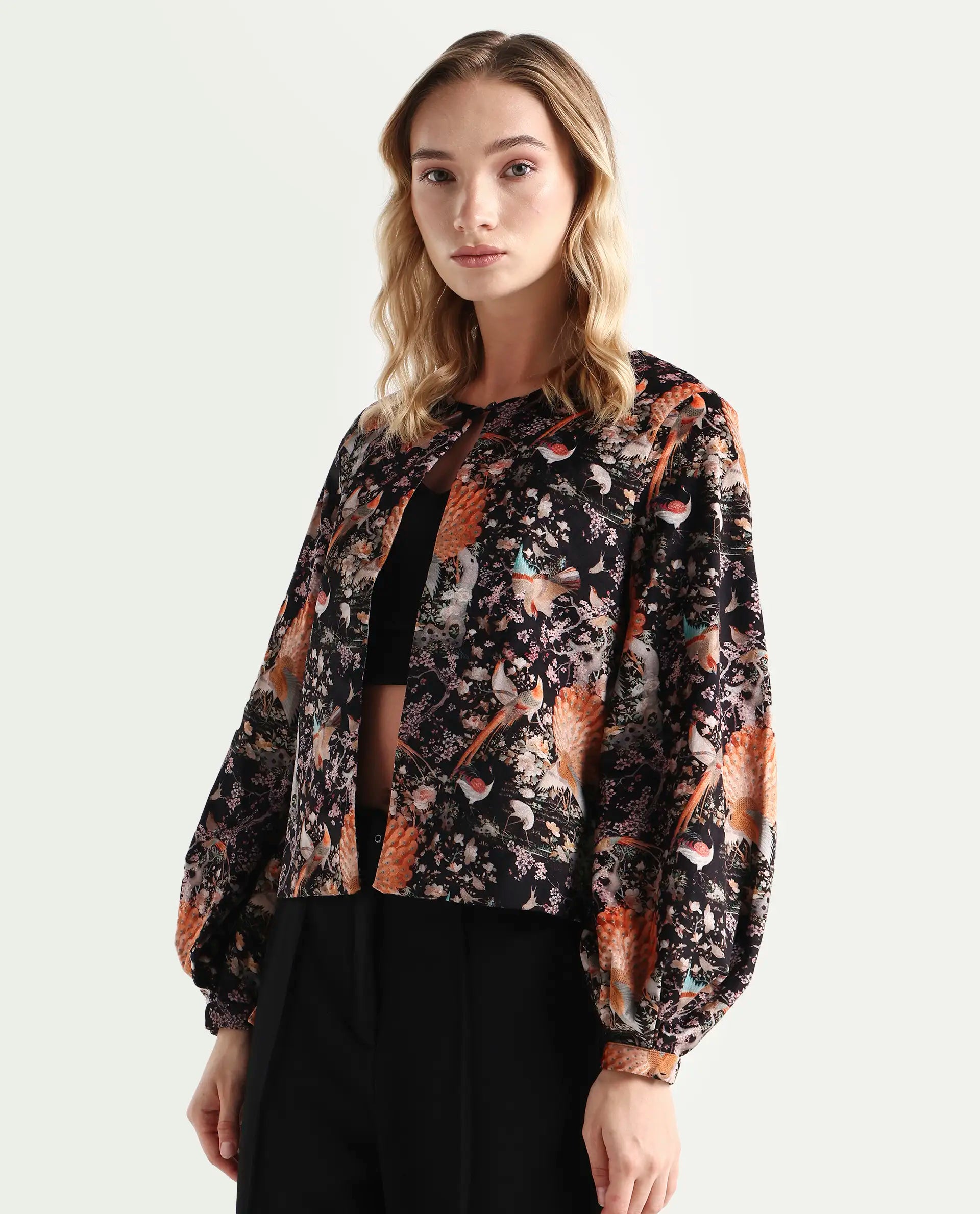 Rareism Women's Zamp Black Polyester Blend Collarless Floral Print Volume Sleeve Regular Fit Shrug