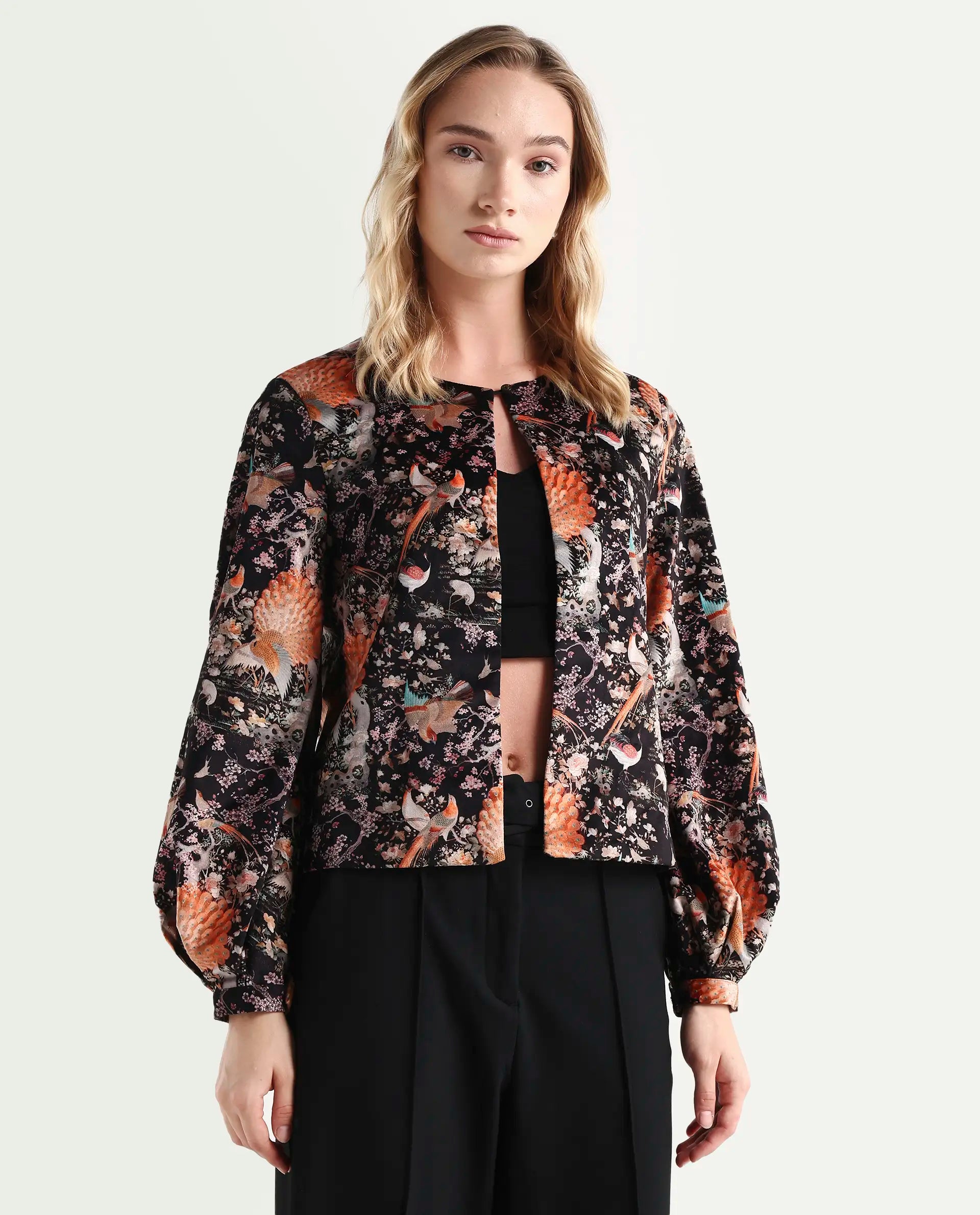 Rareism Women's Zamp Black Polyester Blend Collarless Floral Print Volume Sleeve Regular Fit Shrug