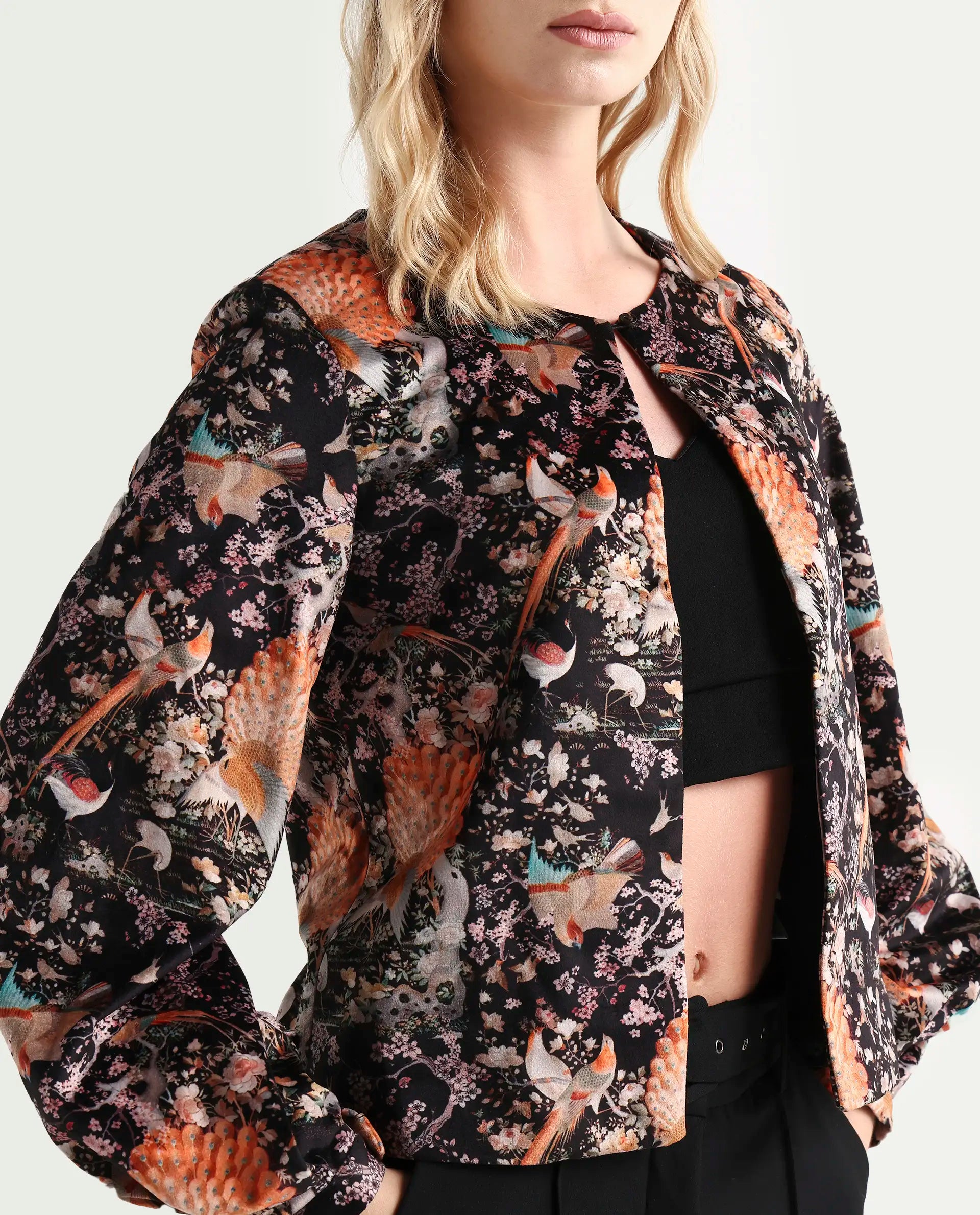 Rareism Women's Zamp Black Polyester Blend Collarless Floral Print Volume Sleeve Regular Fit Shrug