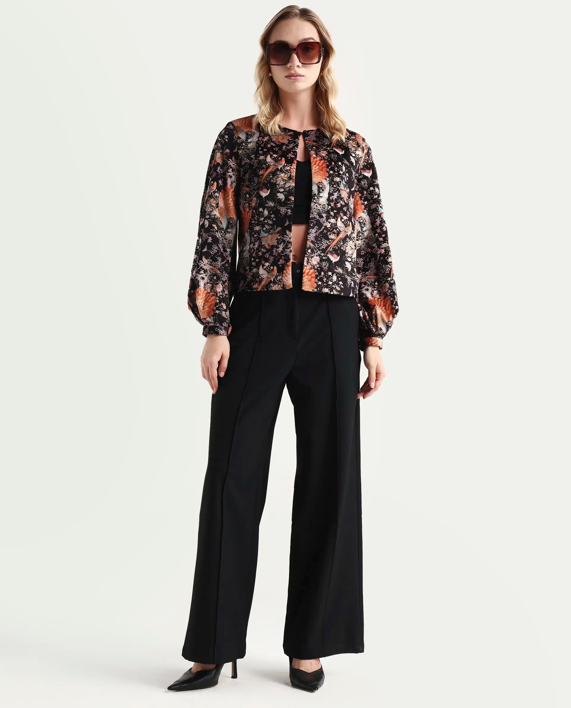 Rareism Women's Zamp Black Polyester Blend Collarless Floral Print Volume Sleeve Regular Fit Shrug