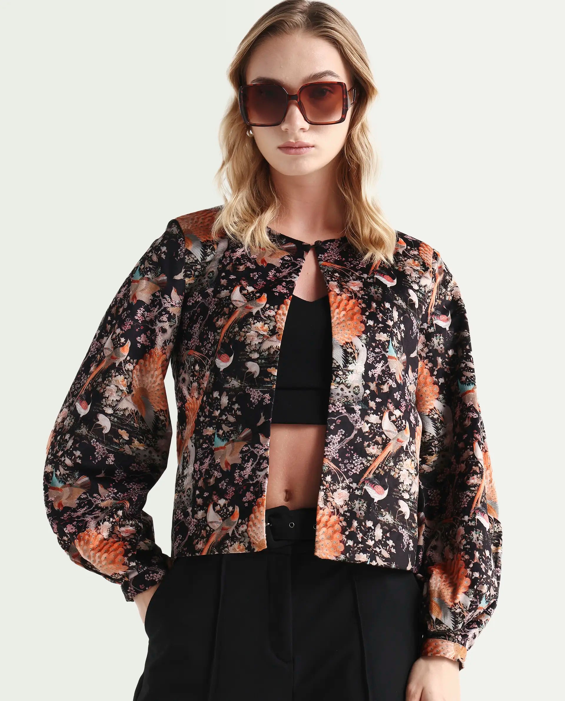 Rareism Women's Zamp Black Polyester Blend Collarless Floral Print Volume Sleeve Regular Fit Shrug