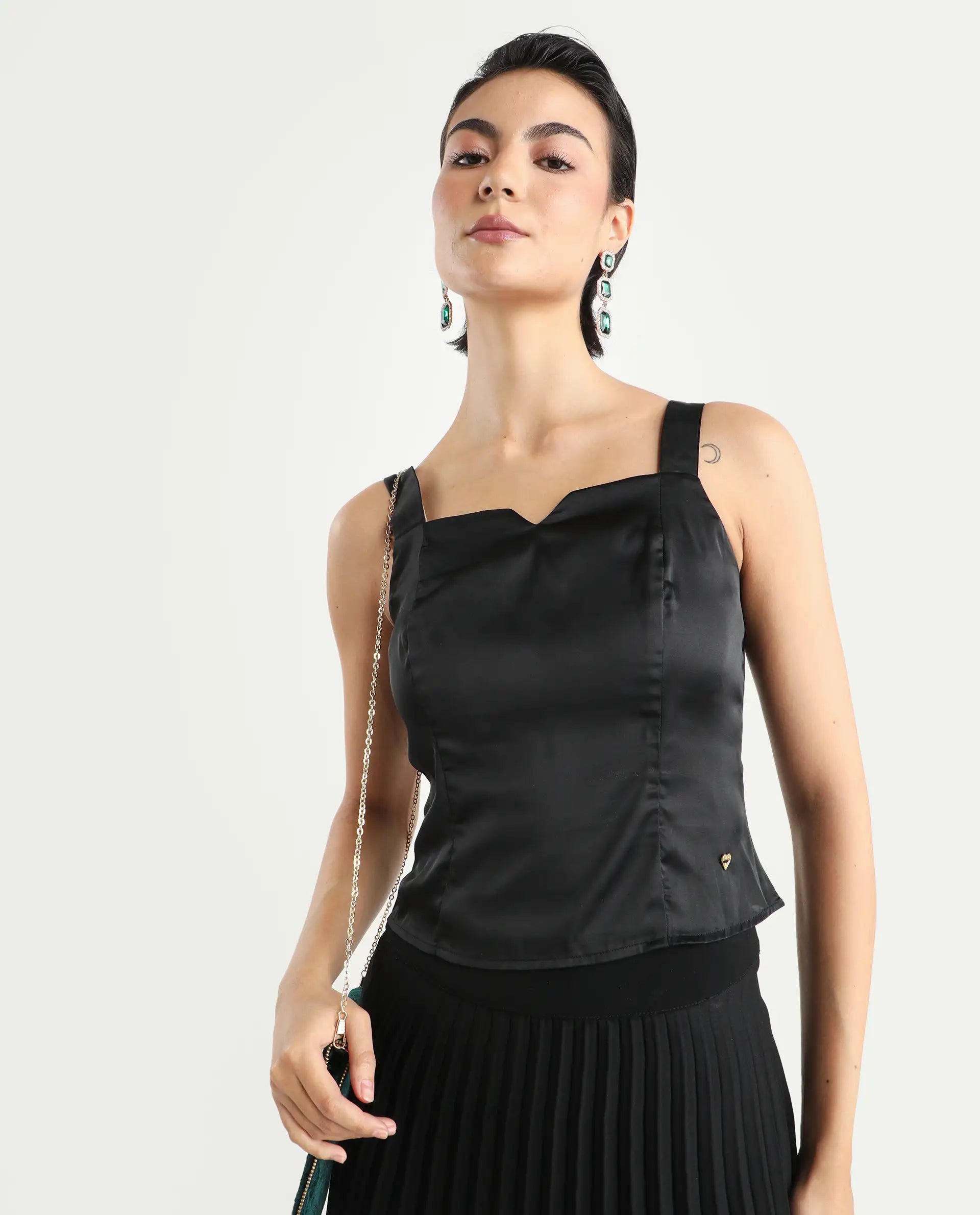 Rareism Women's Polzo Black Polyester Tube Neck Plain Shoulder Strap Regular Fit Top