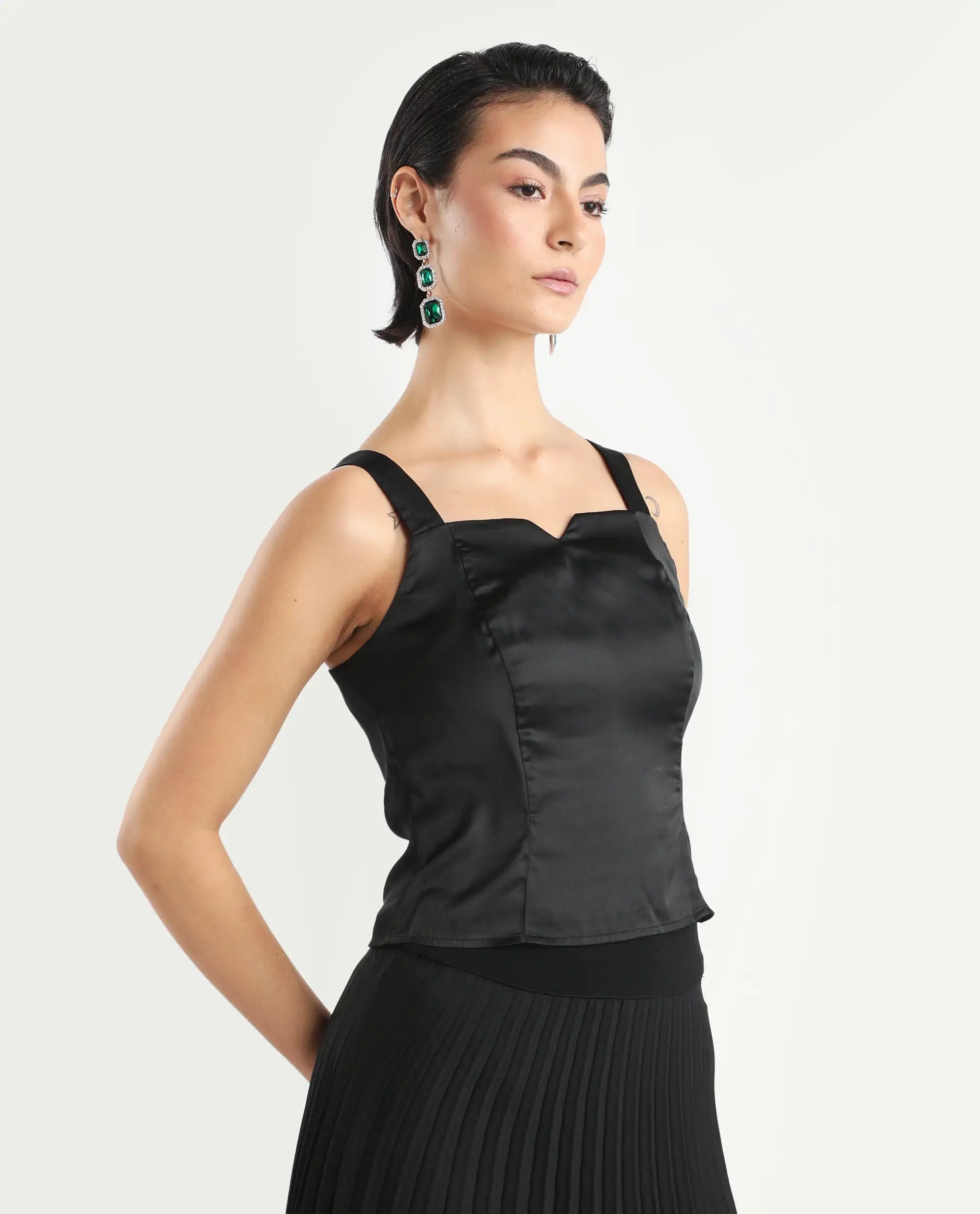 Rareism Women's Polzo Black Polyester Tube Neck Plain Shoulder Strap Regular Fit Top