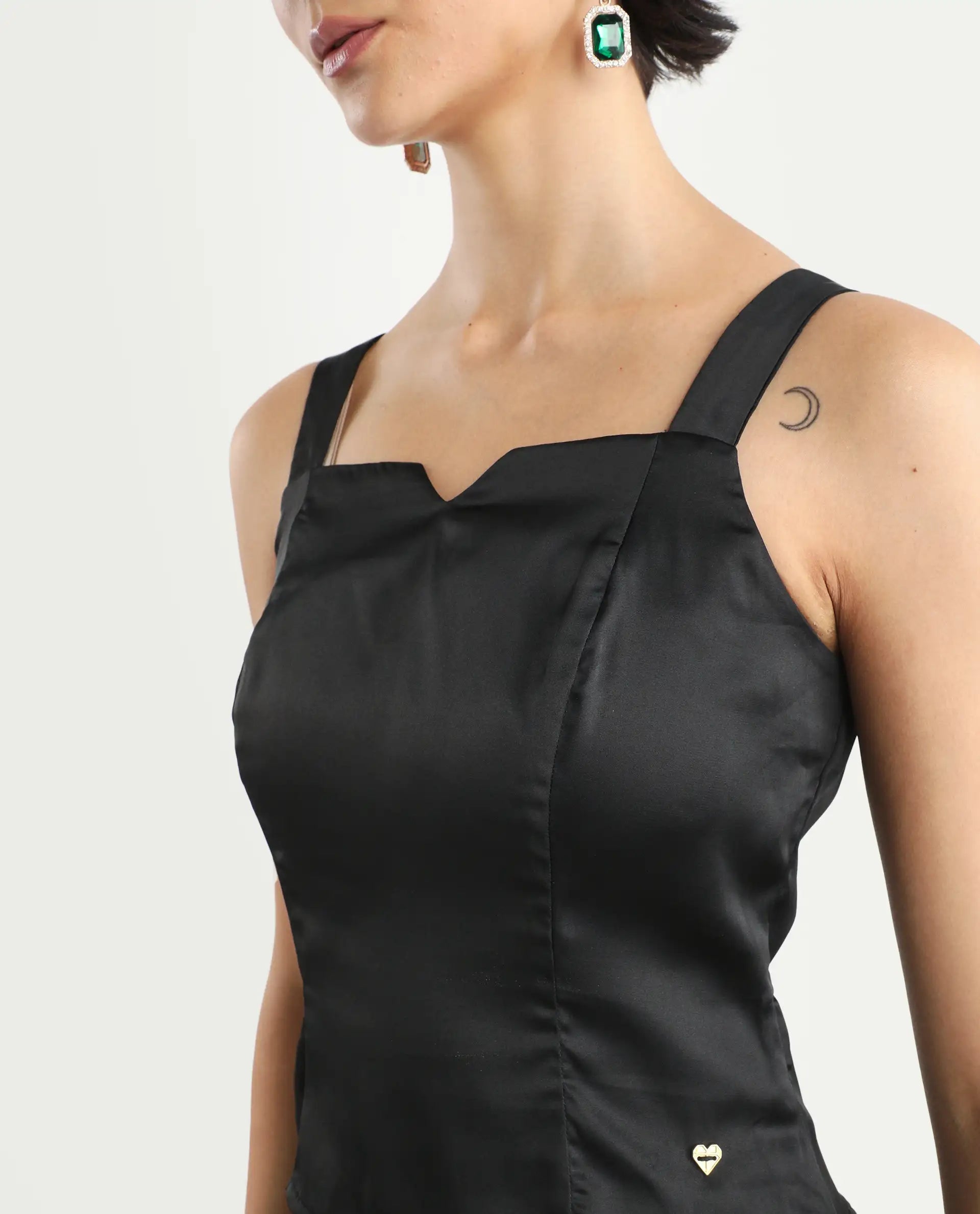 Rareism Women's Polzo Black Polyester Tube Neck Plain Shoulder Strap Regular Fit Top