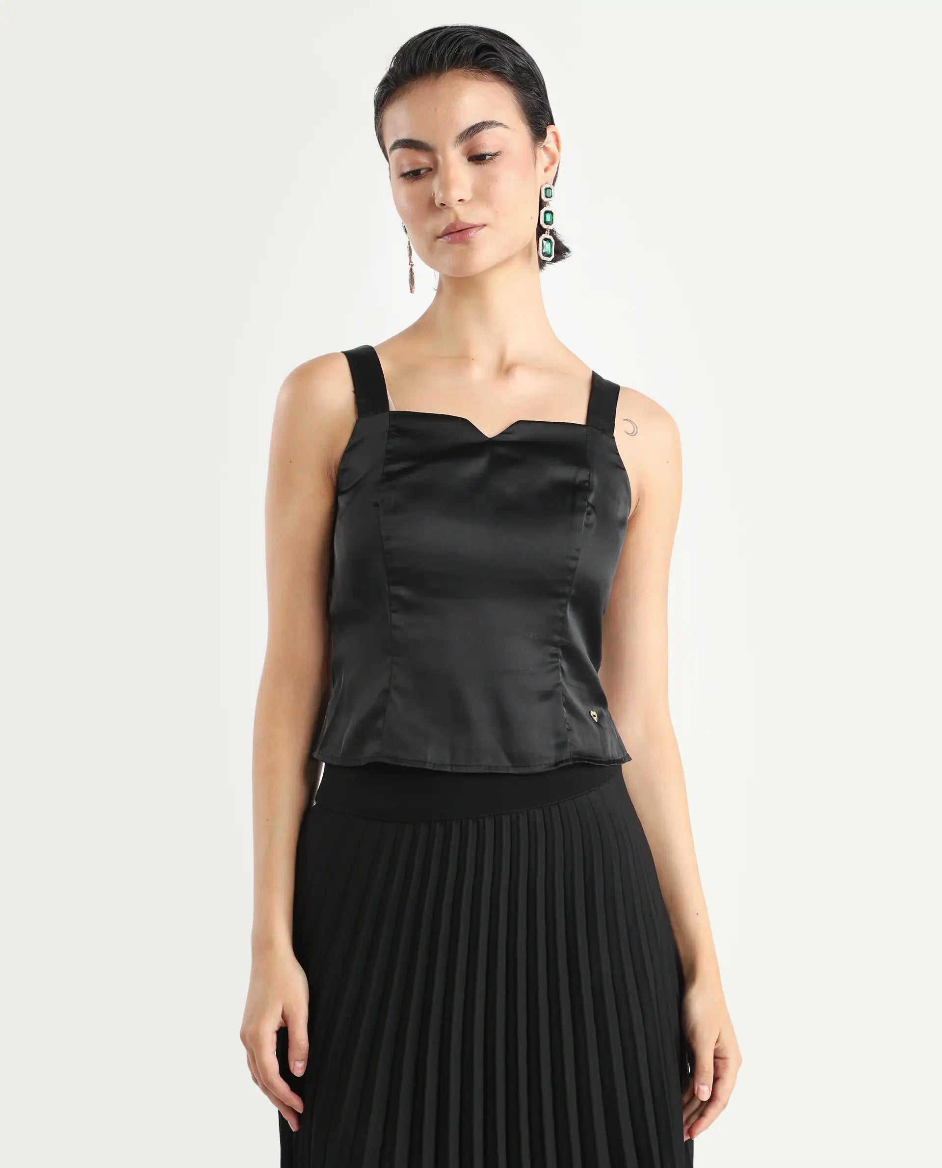 Rareism Women's Polzo Black Polyester Tube Neck Plain Shoulder Strap Regular Fit Top