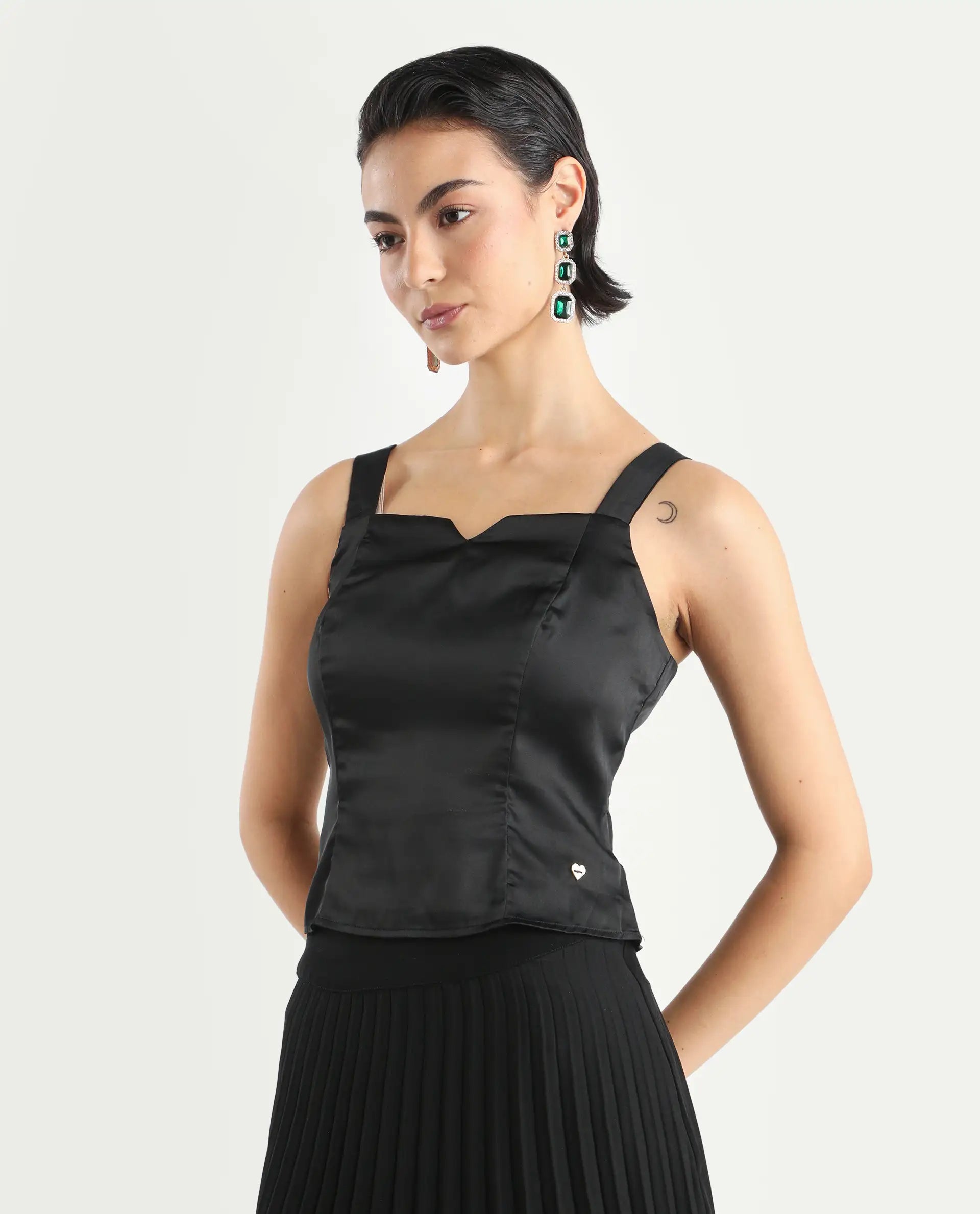 Rareism Women's Polzo Black Polyester Tube Neck Plain Shoulder Strap Regular Fit Top