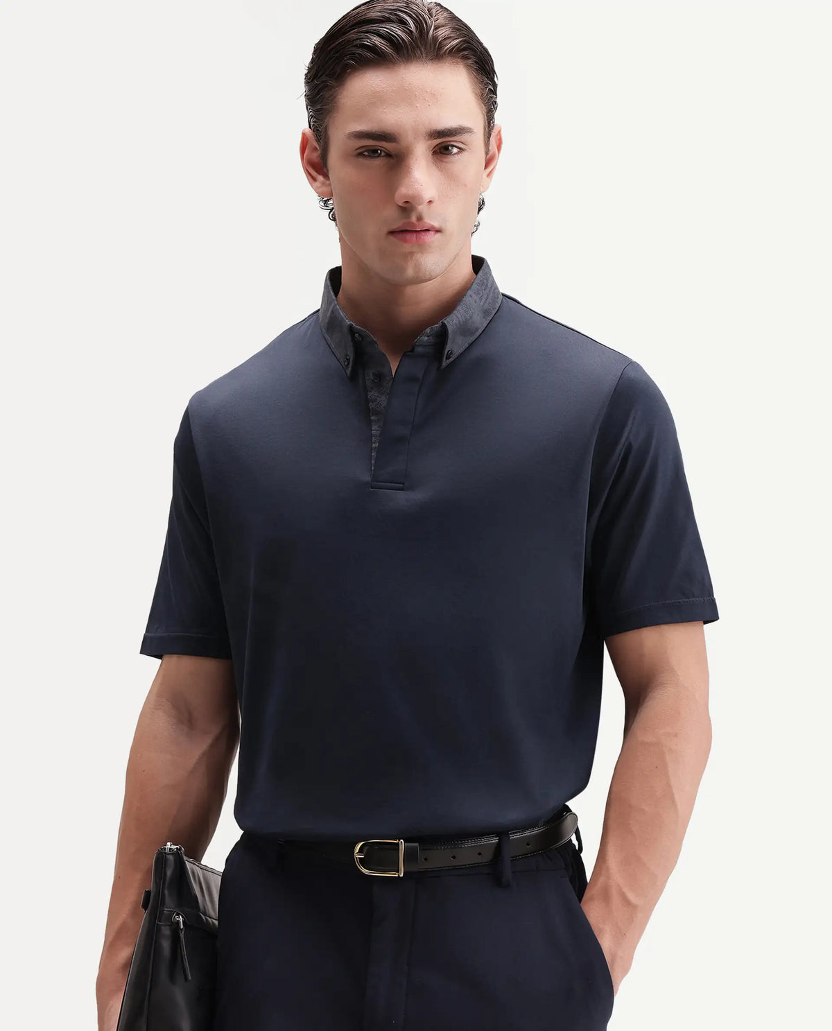 Rare Rabbit Men's Clarance Dusky Navy Cotton Plain Regular Fit Half Sleeve Polo