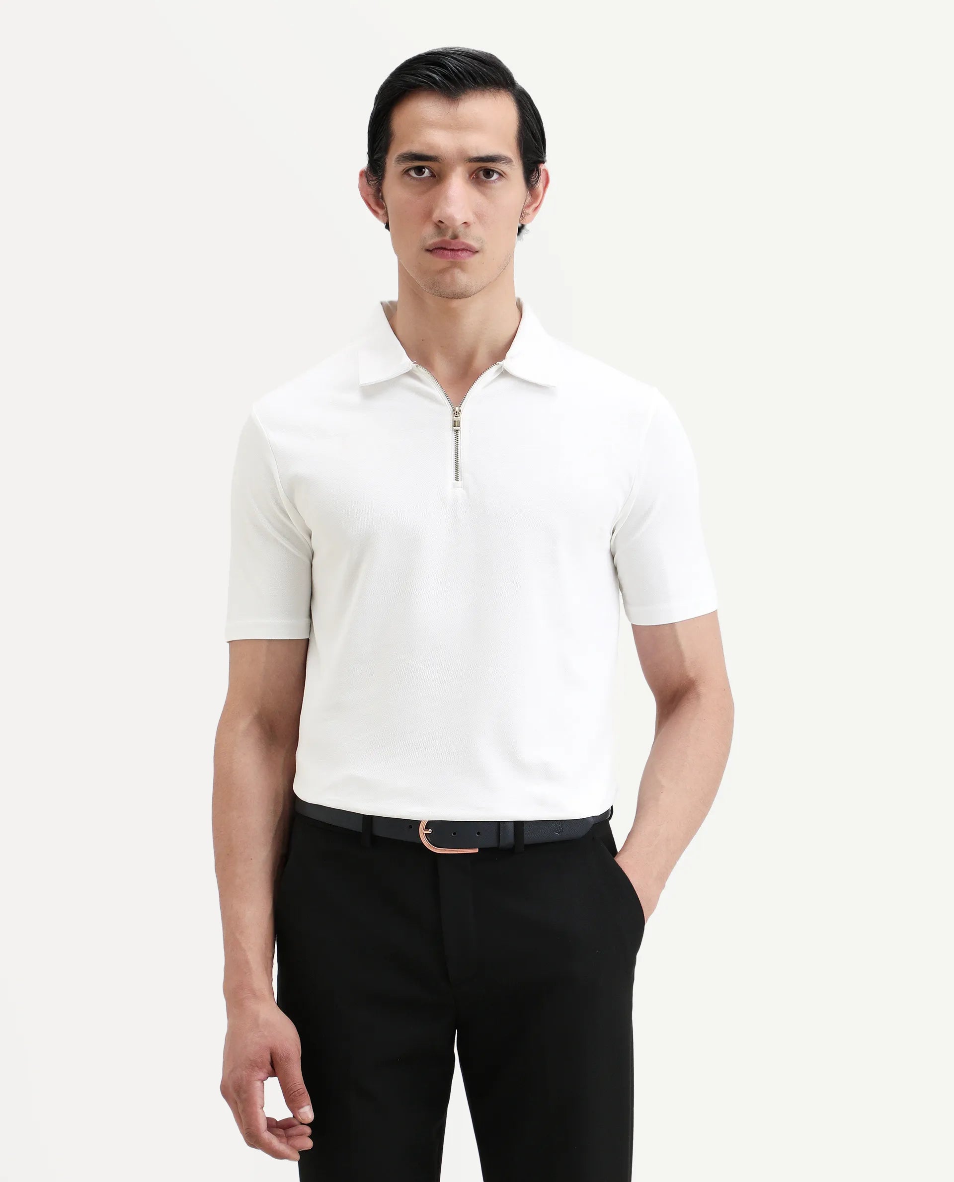 Rare Rabbit Men's Guild Casual Prin 1 White Cotton Blend Plain Regular Fit Half Sleeve Polo