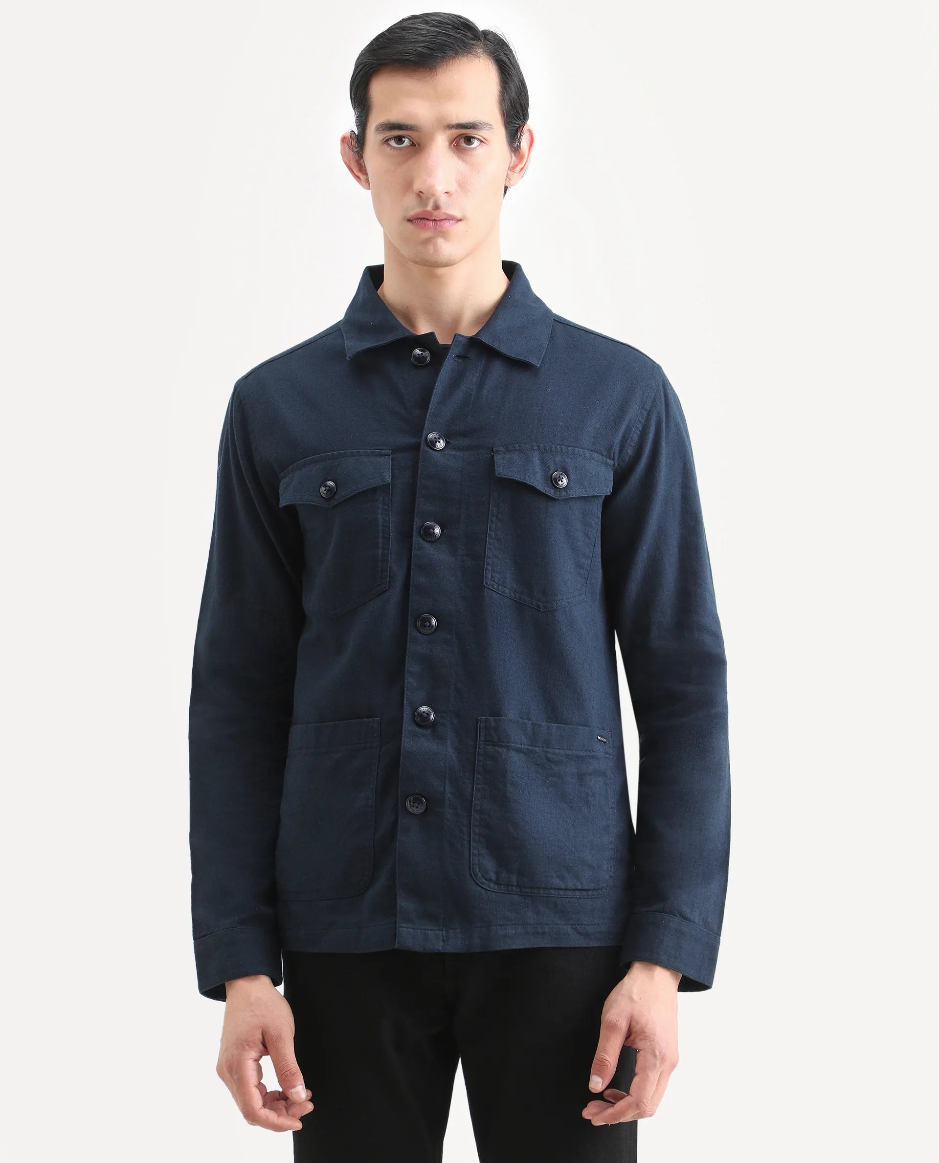 Rare Rabbit Men's Gatter Navy Linen Blend Plain Relaxed Fit Full Sleeve Spread Collar Jacket