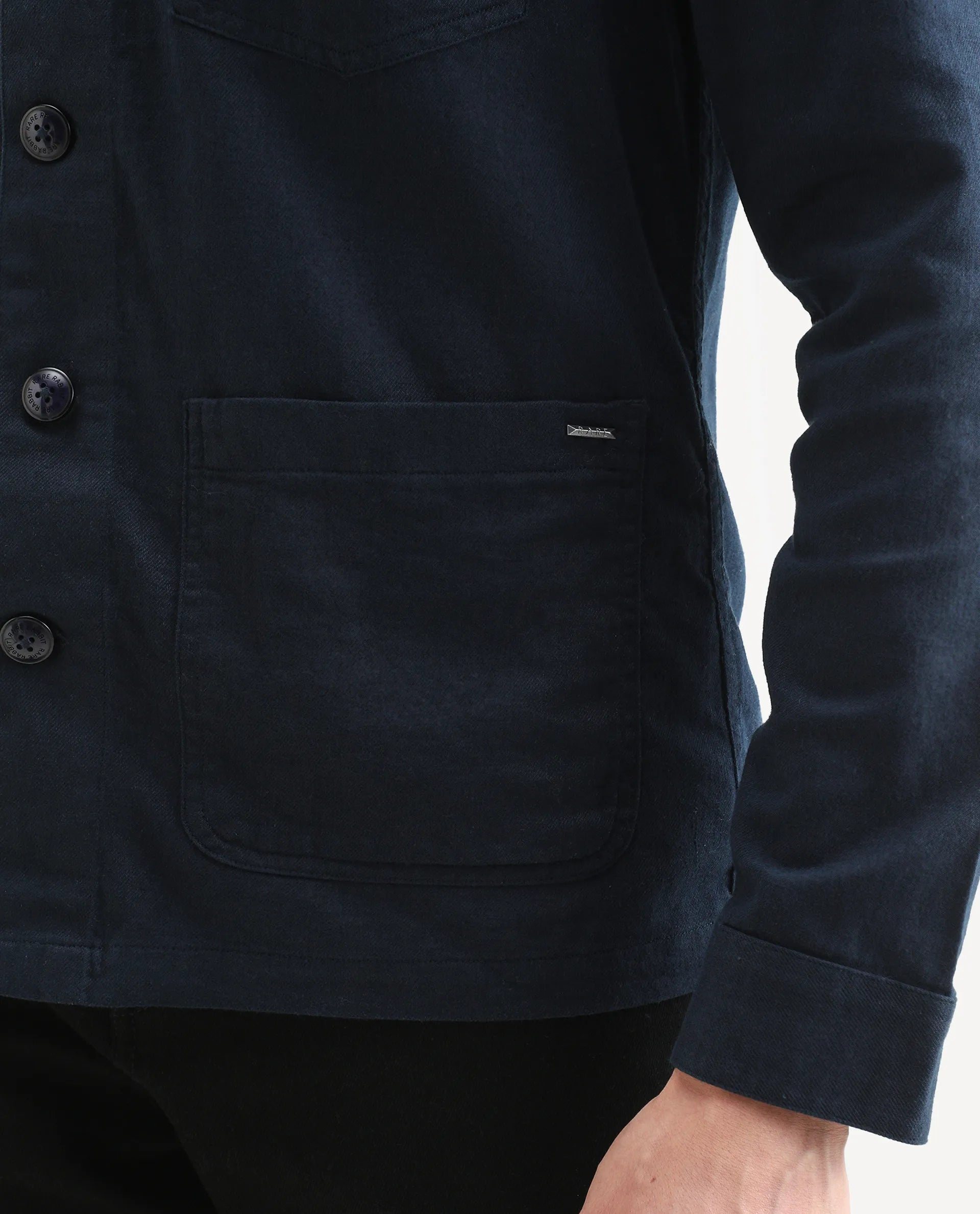 Rare Rabbit Men's Gatter Navy Linen Blend Plain Relaxed Fit Full Sleeve Spread Collar Jacket