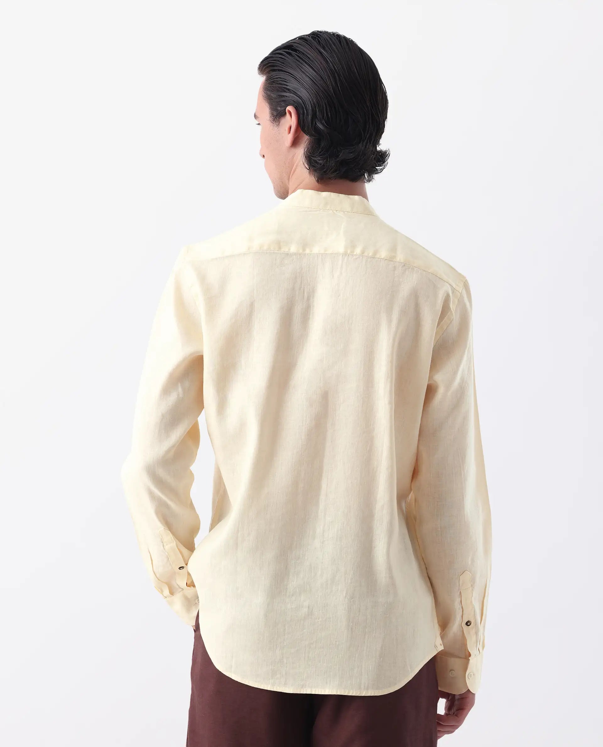 Rare Rabbit Men's Cinex Pastel Yellow Linen Blend Plain Regular Fit Full Sleeve Mandarin Collar Shirt