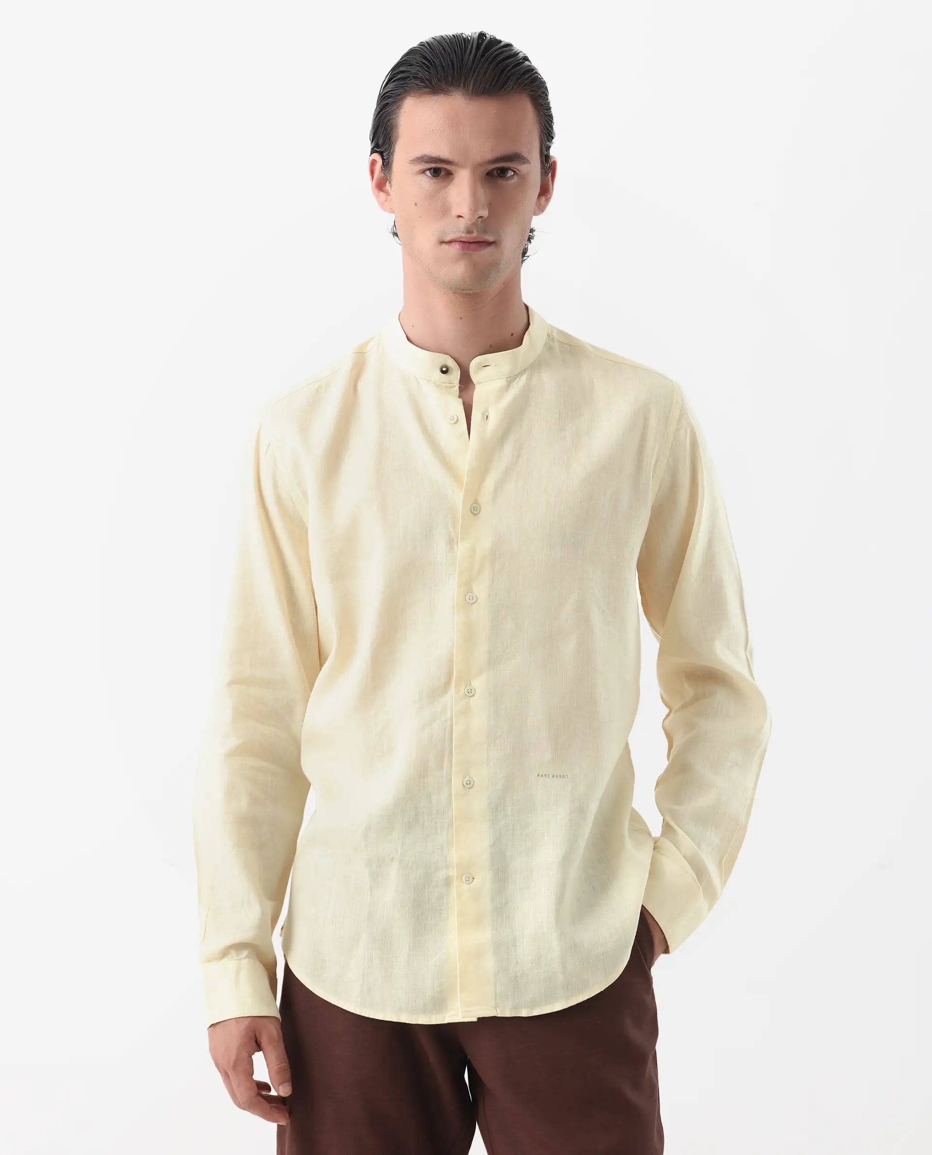 Rare Rabbit Men's Cinex Pastel Yellow Linen Blend Plain Regular Fit Full Sleeve Mandarin Collar Shirt