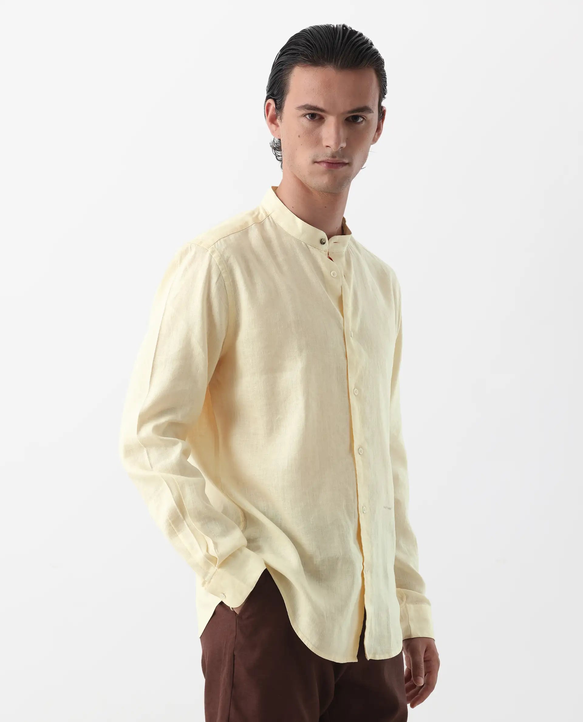 Rare Rabbit Men's Cinex Pastel Yellow Linen Blend Plain Regular Fit Full Sleeve Mandarin Collar Shirt