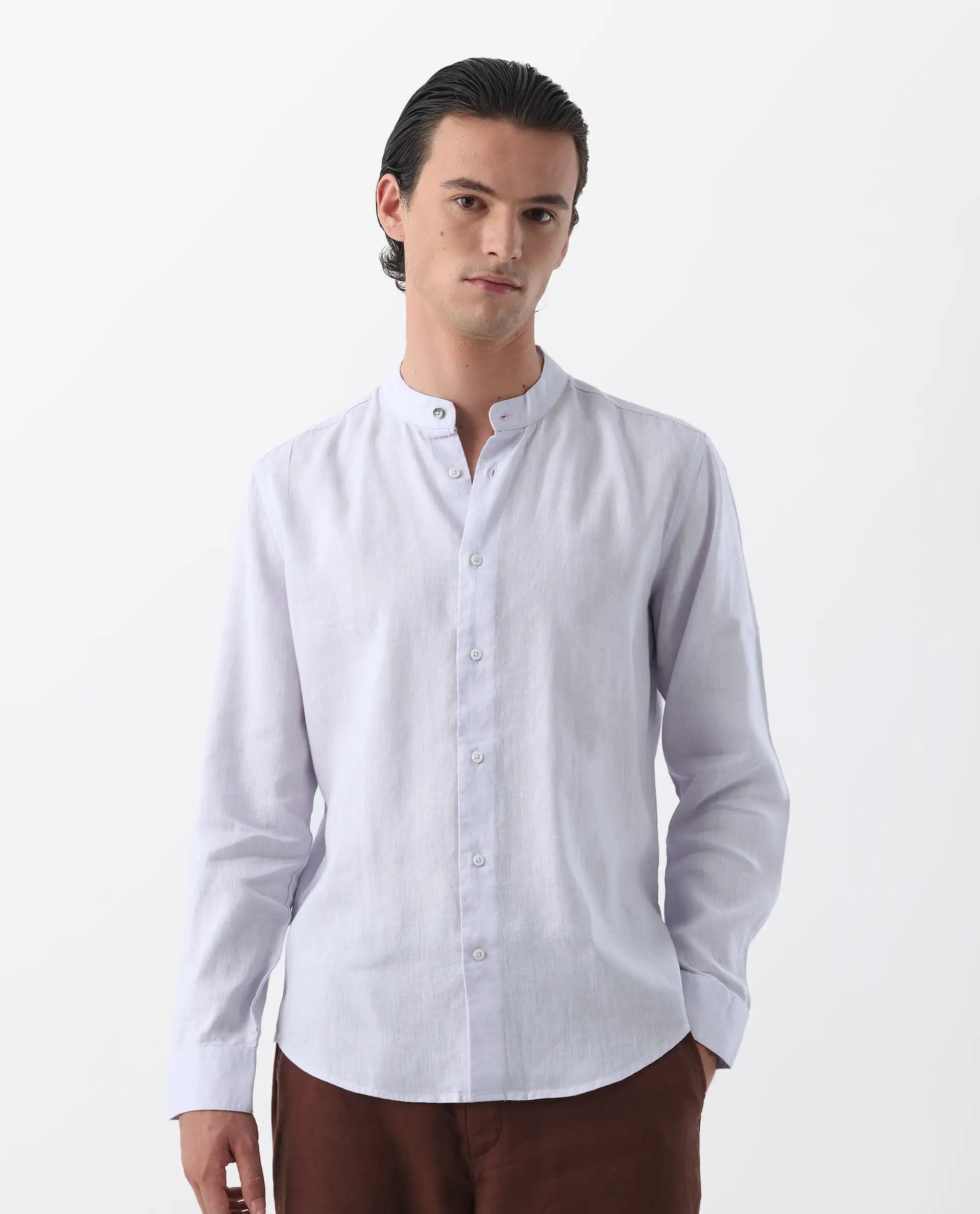 Rare Rabbit Men's Cinex Pastel Purple Linen Blend Plain Regular Fit Full Sleeve Mandarin Collar Shirt