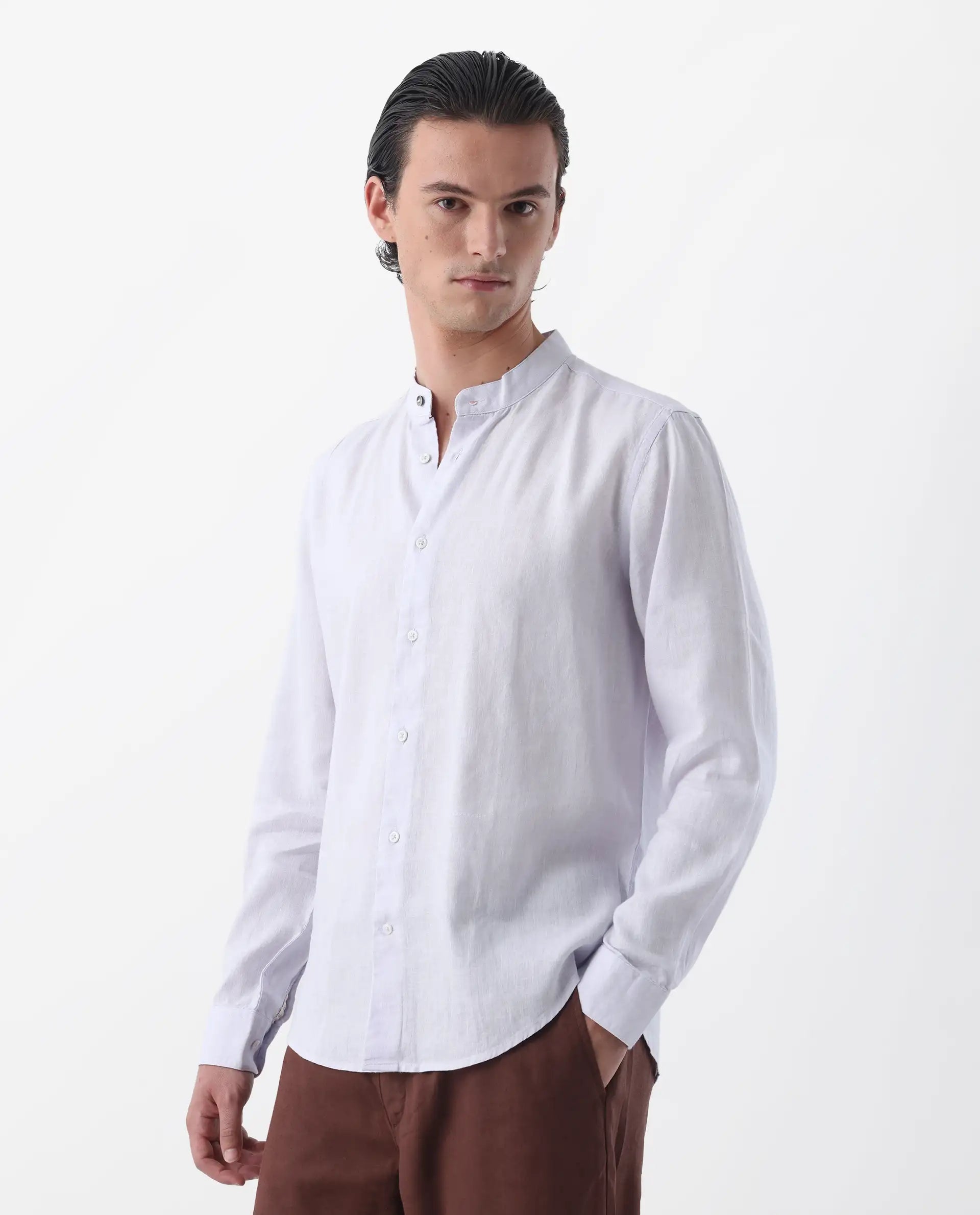 Rare Rabbit Men's Cinex Pastel Purple Linen Blend Plain Regular Fit Full Sleeve Mandarin Collar Shirt