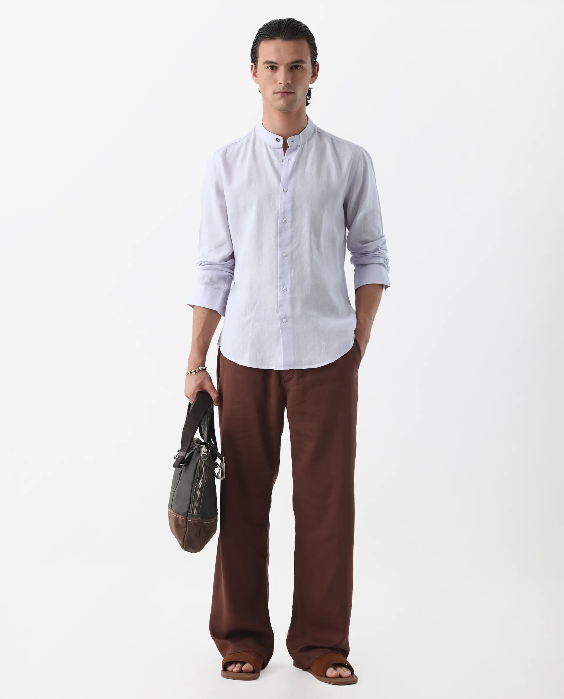 Rare Rabbit Men's Cinex Pastel Purple Linen Blend Plain Regular Fit Full Sleeve Mandarin Collar Shirt