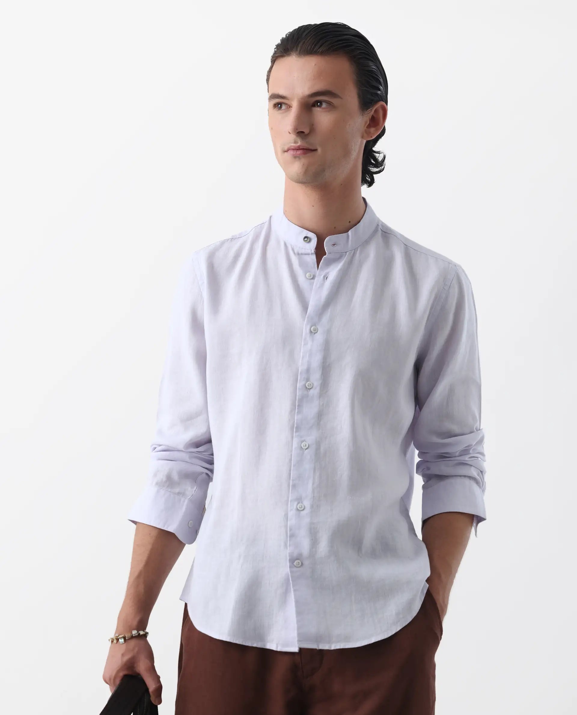 Rare Rabbit Men's Cinex Pastel Purple Linen Blend Plain Regular Fit Full Sleeve Mandarin Collar Shirt