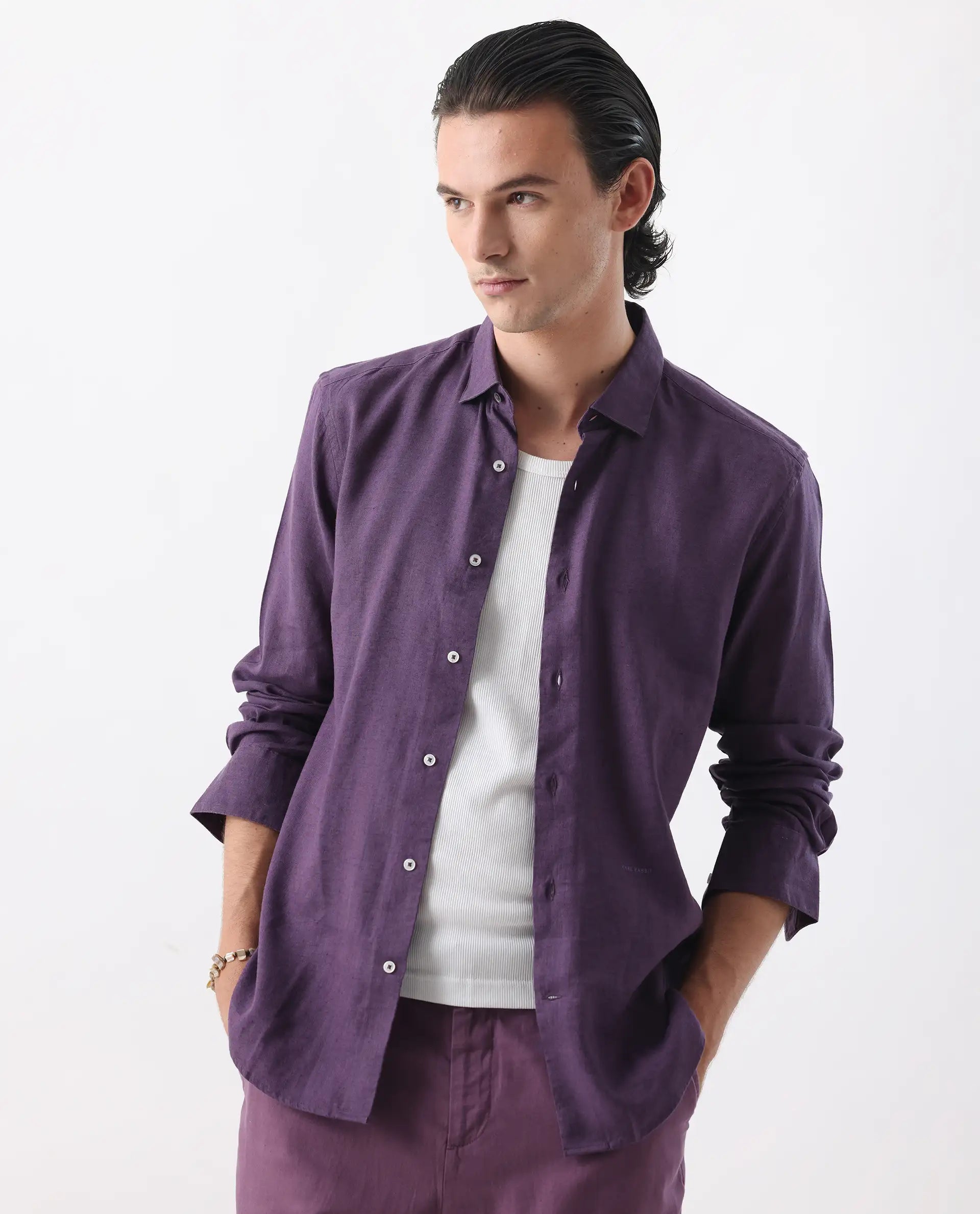 Rare Rabbit Men's Linex-1 Purple 100% Linen Plain Regular Fit Full Sleeve Collared Shirt